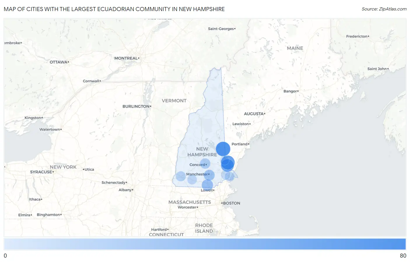 Cities with the Largest Ecuadorian Community in New Hampshire Map