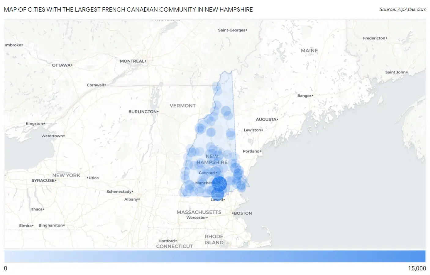 Cities with the Largest French Canadian Community in New Hampshire Map