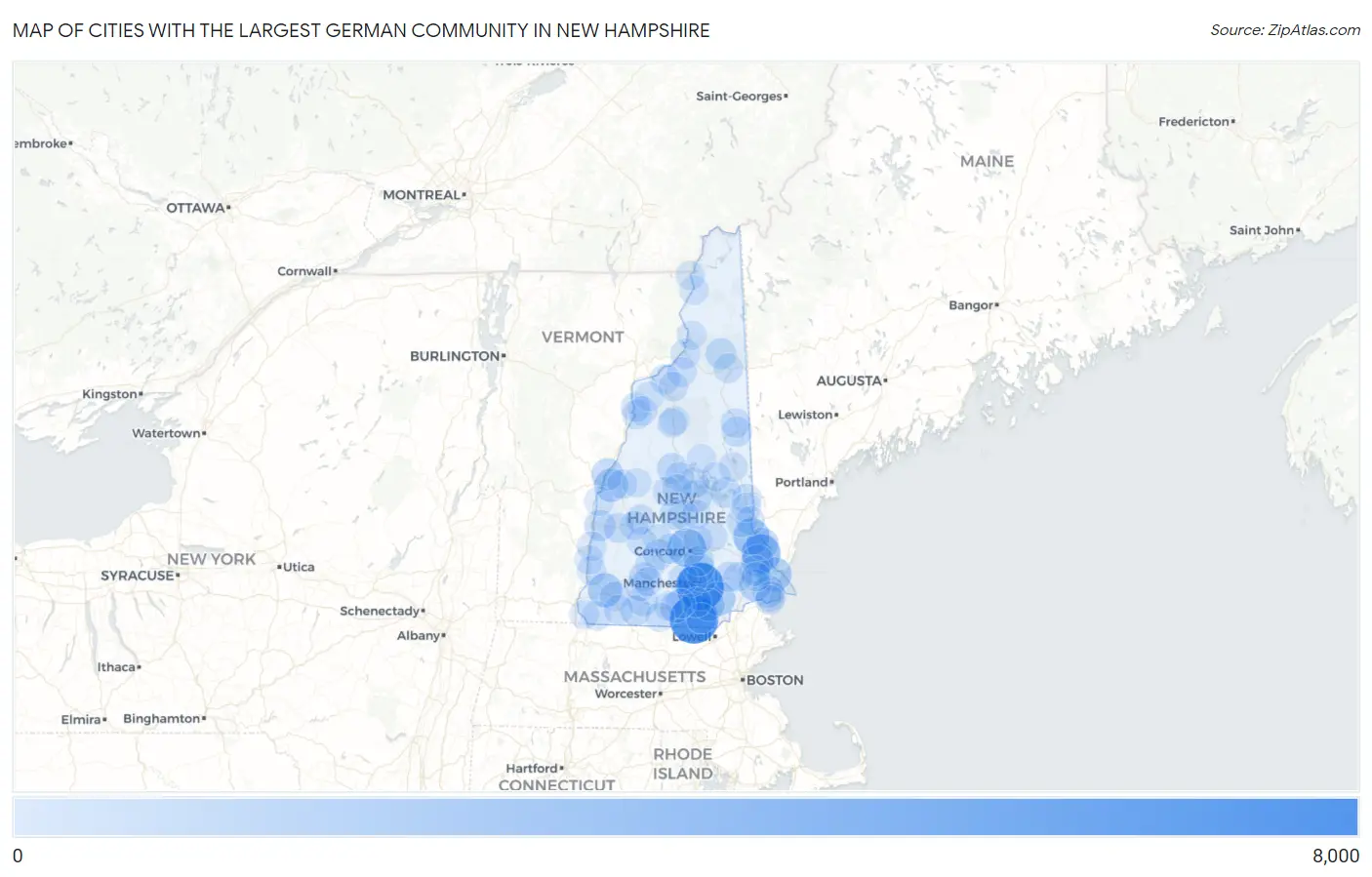 Cities with the Largest German Community in New Hampshire Map
