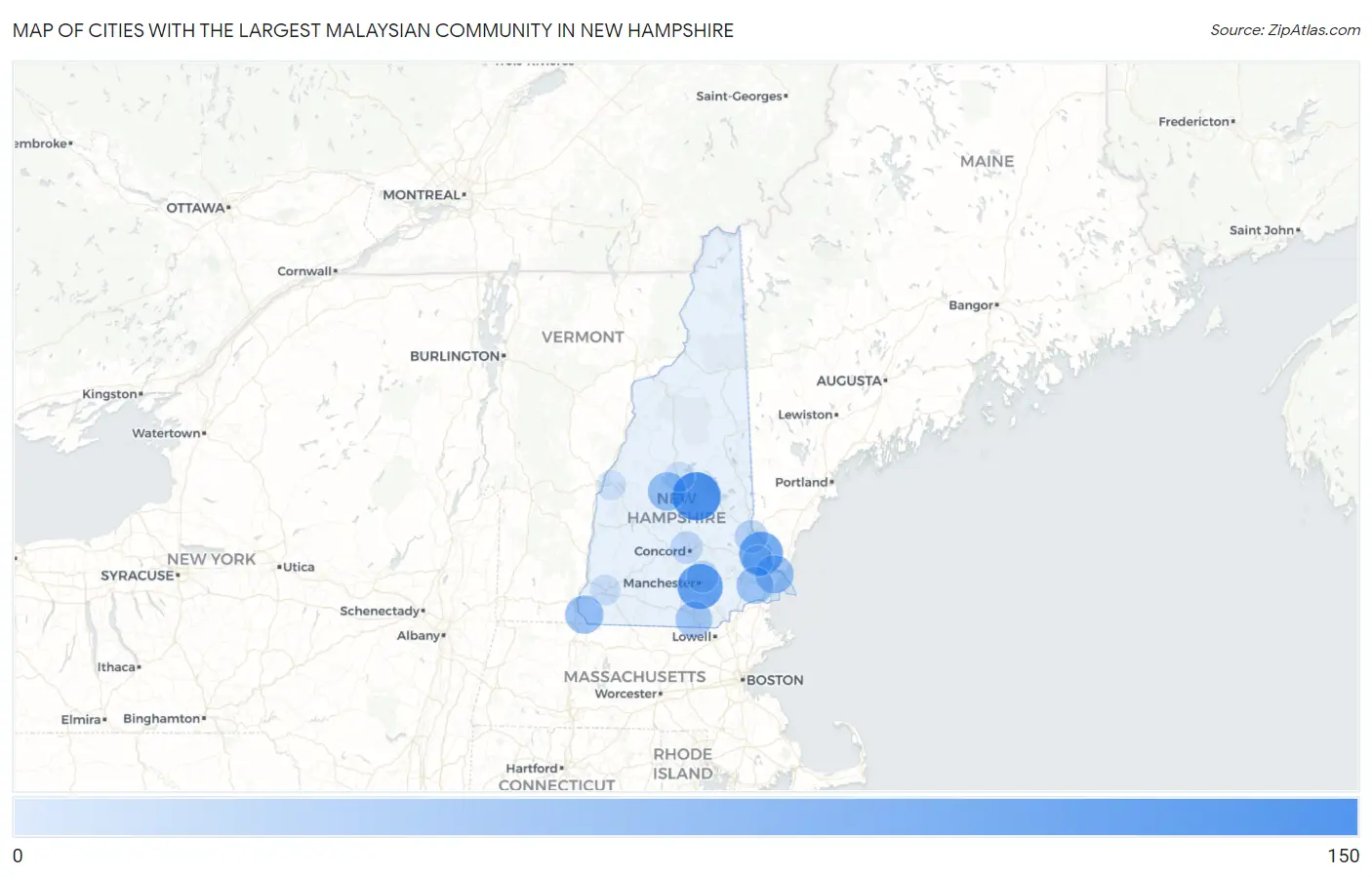 Cities with the Largest Malaysian Community in New Hampshire Map