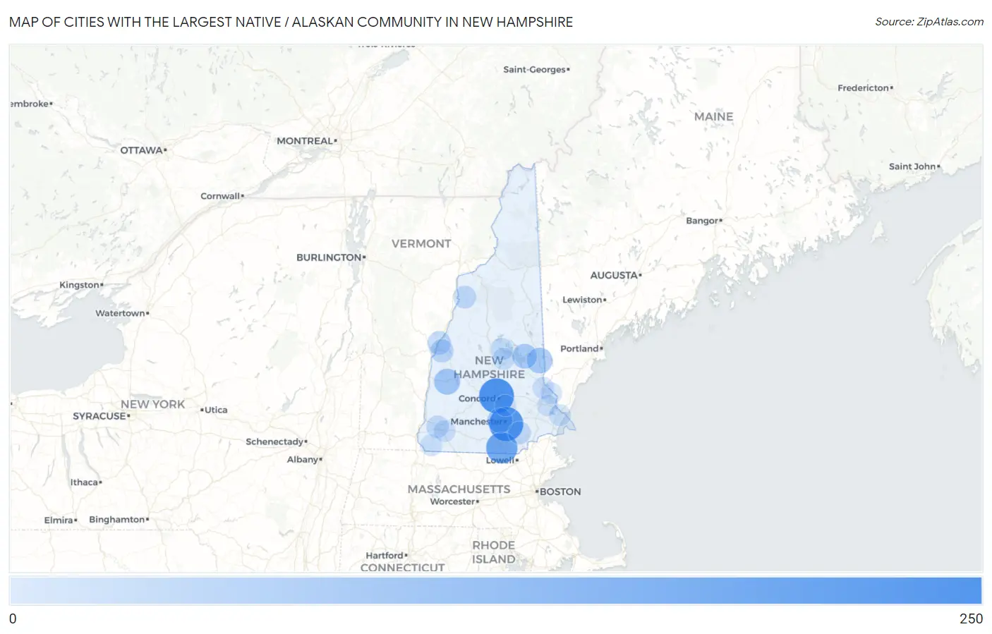 Cities with the Largest Native / Alaskan Community in New Hampshire Map