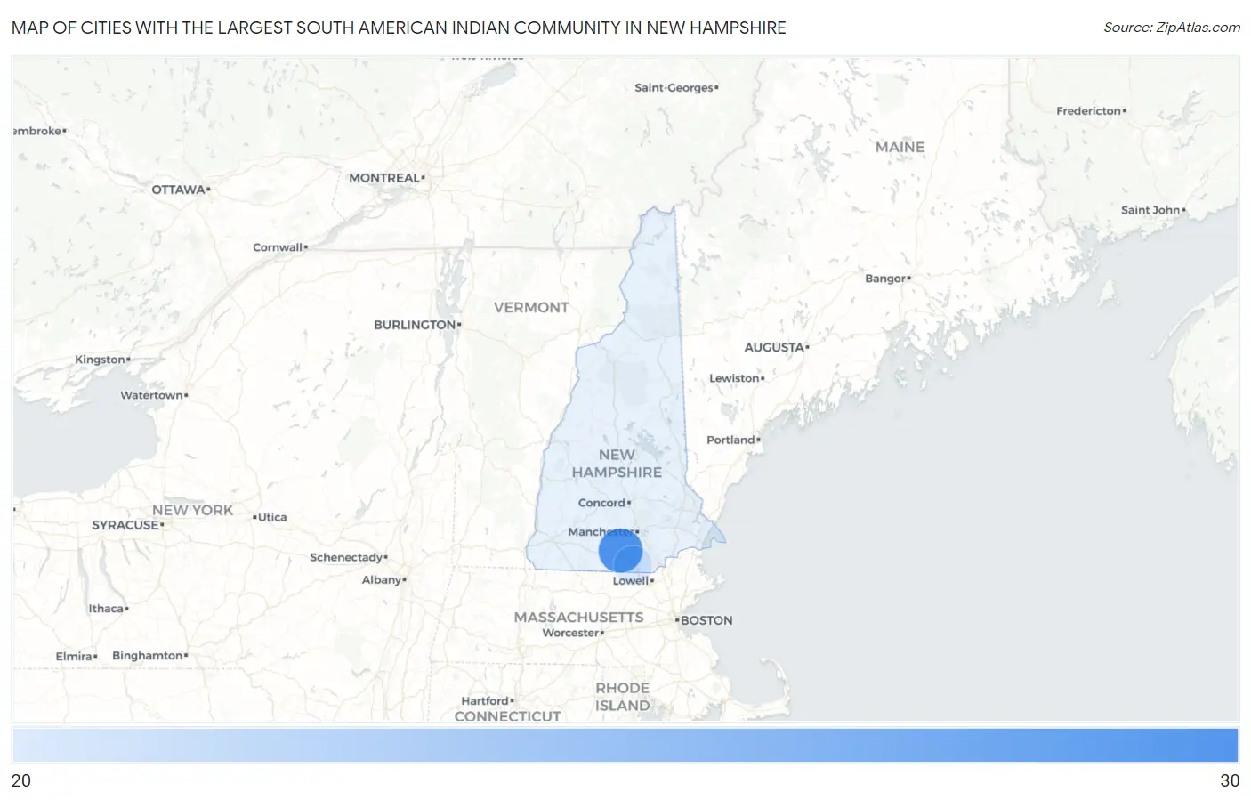 Cities with the Largest South American Indian Community in New Hampshire Map