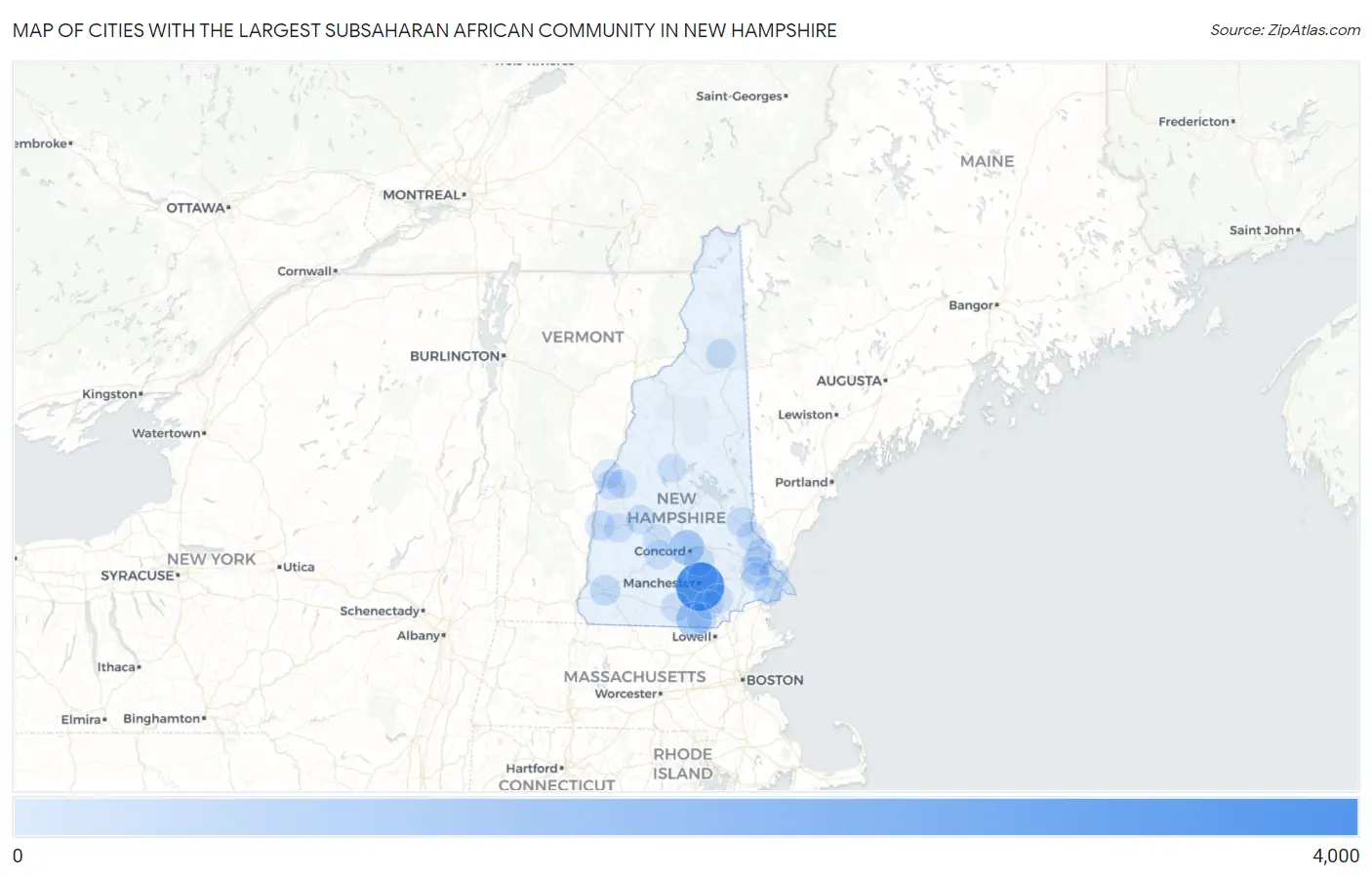 Cities with the Largest Subsaharan African Community in New Hampshire Map