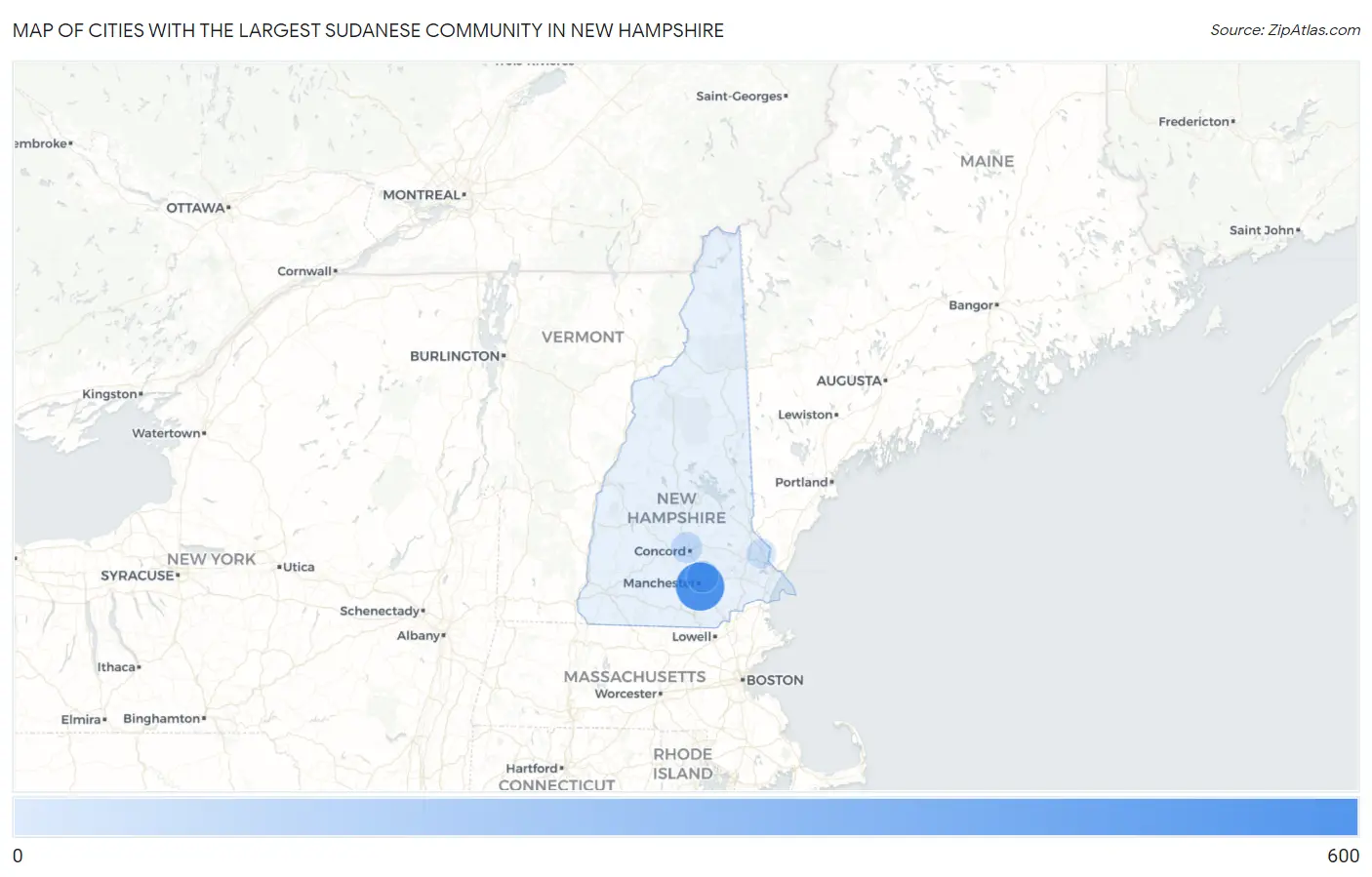 Cities with the Largest Sudanese Community in New Hampshire Map
