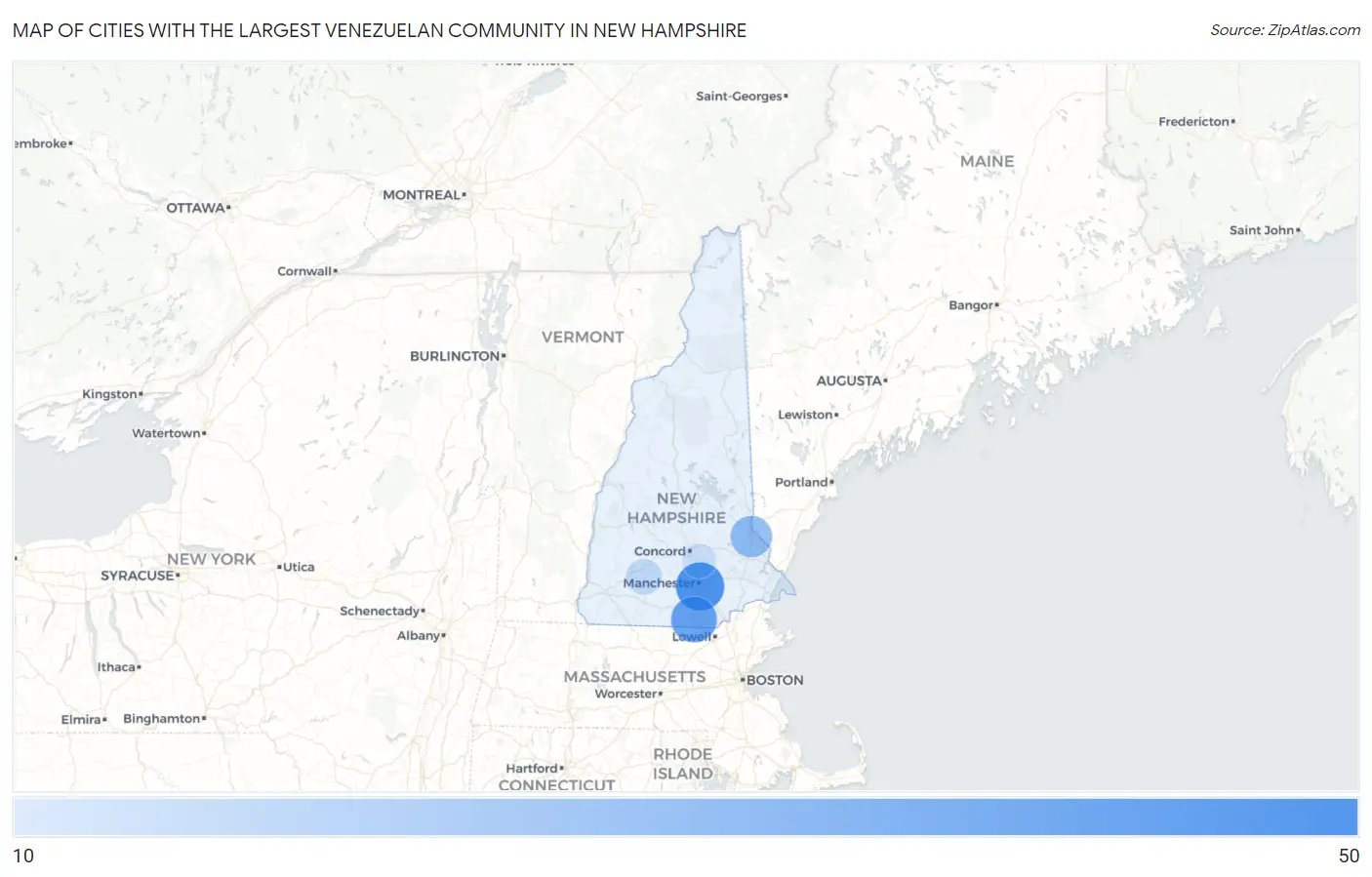 Cities with the Largest Venezuelan Community in New Hampshire Map