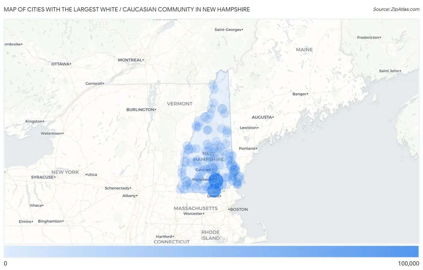 Cities with the Largest White / Caucasian Community in New Hampshire Map