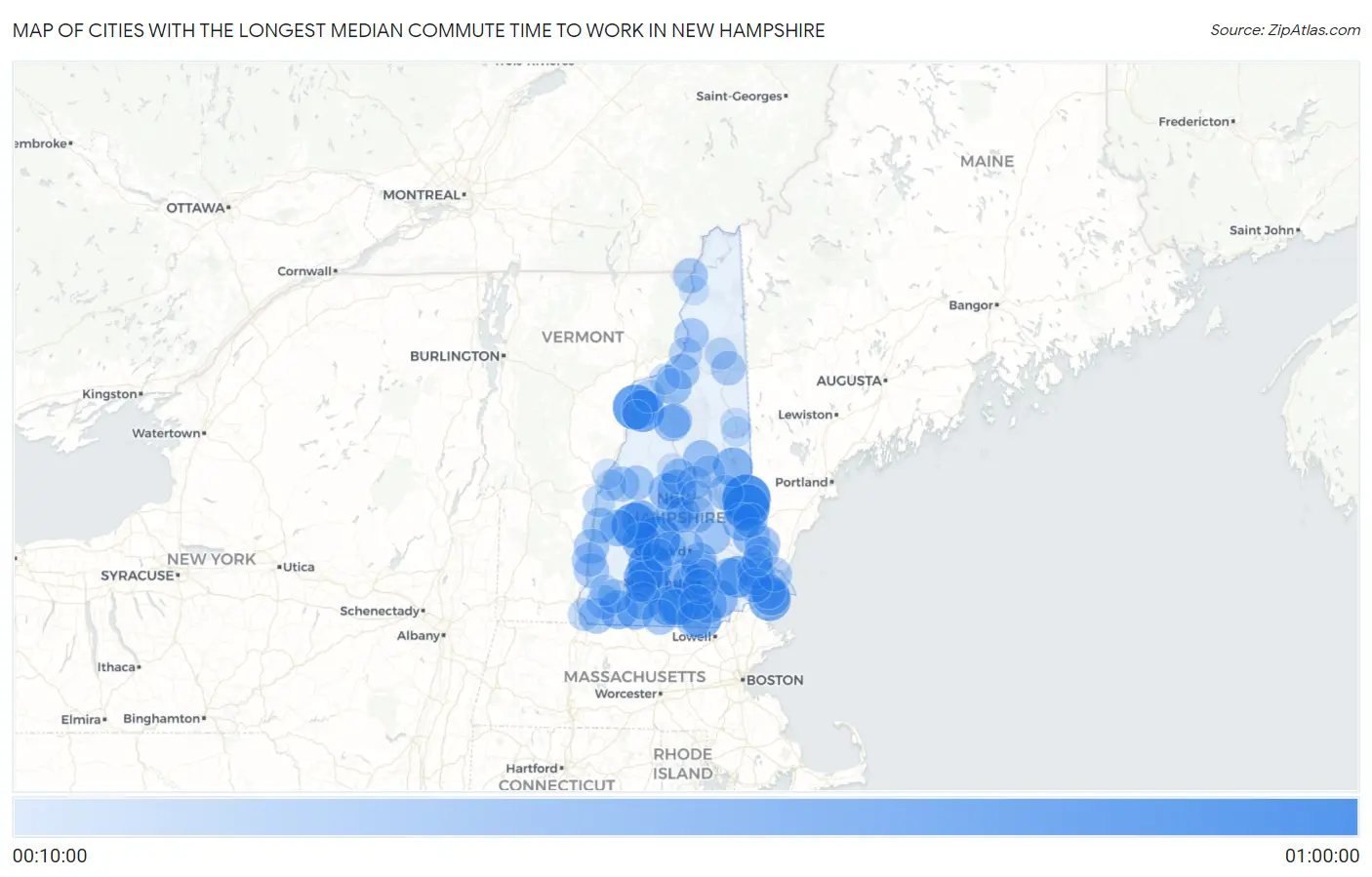 Cities with the Longest Median Commute Time to Work in New Hampshire Map
