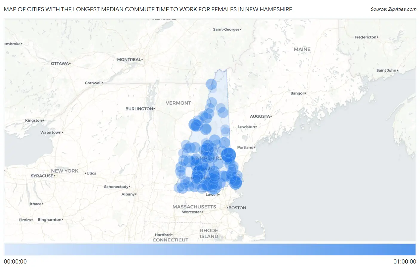 Cities with the Longest Median Commute Time to Work for Females in New Hampshire Map