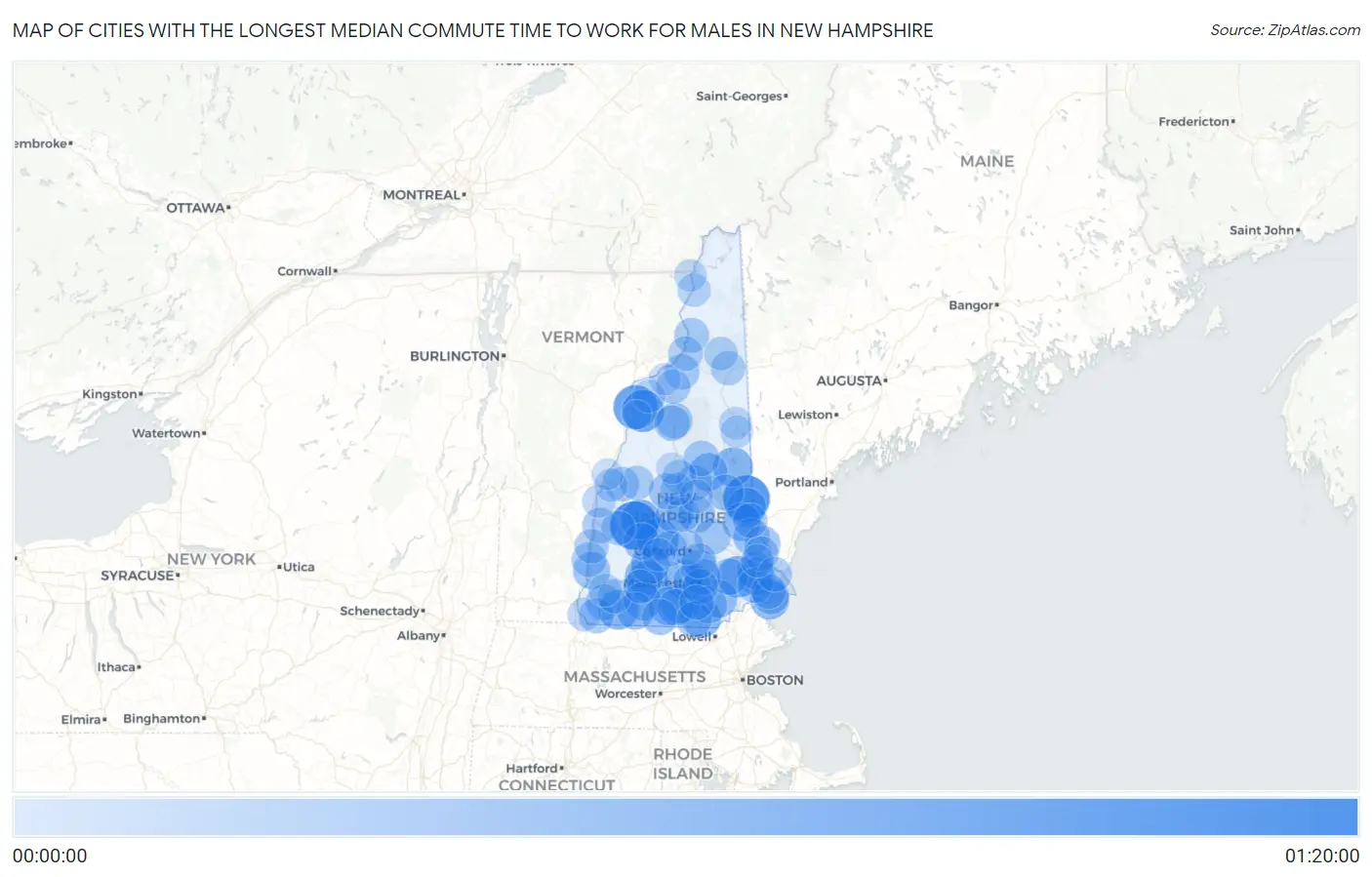 Cities with the Longest Median Commute Time to Work for Males in New Hampshire Map