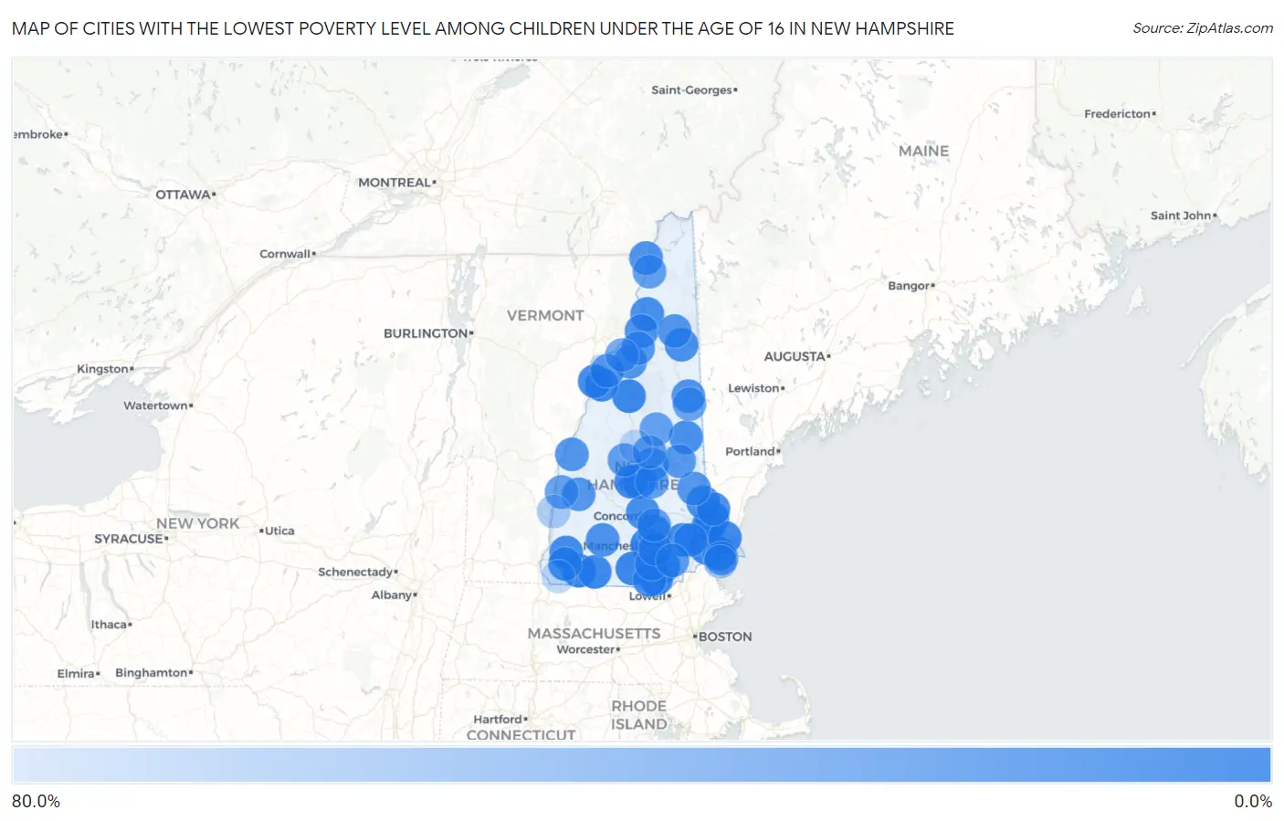 Cities with the Lowest Poverty Level Among Children Under the Age of 16 in New Hampshire Map