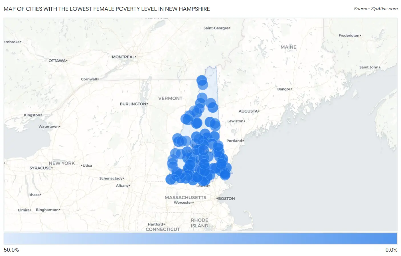 Cities with the Lowest Female Poverty Level in New Hampshire Map