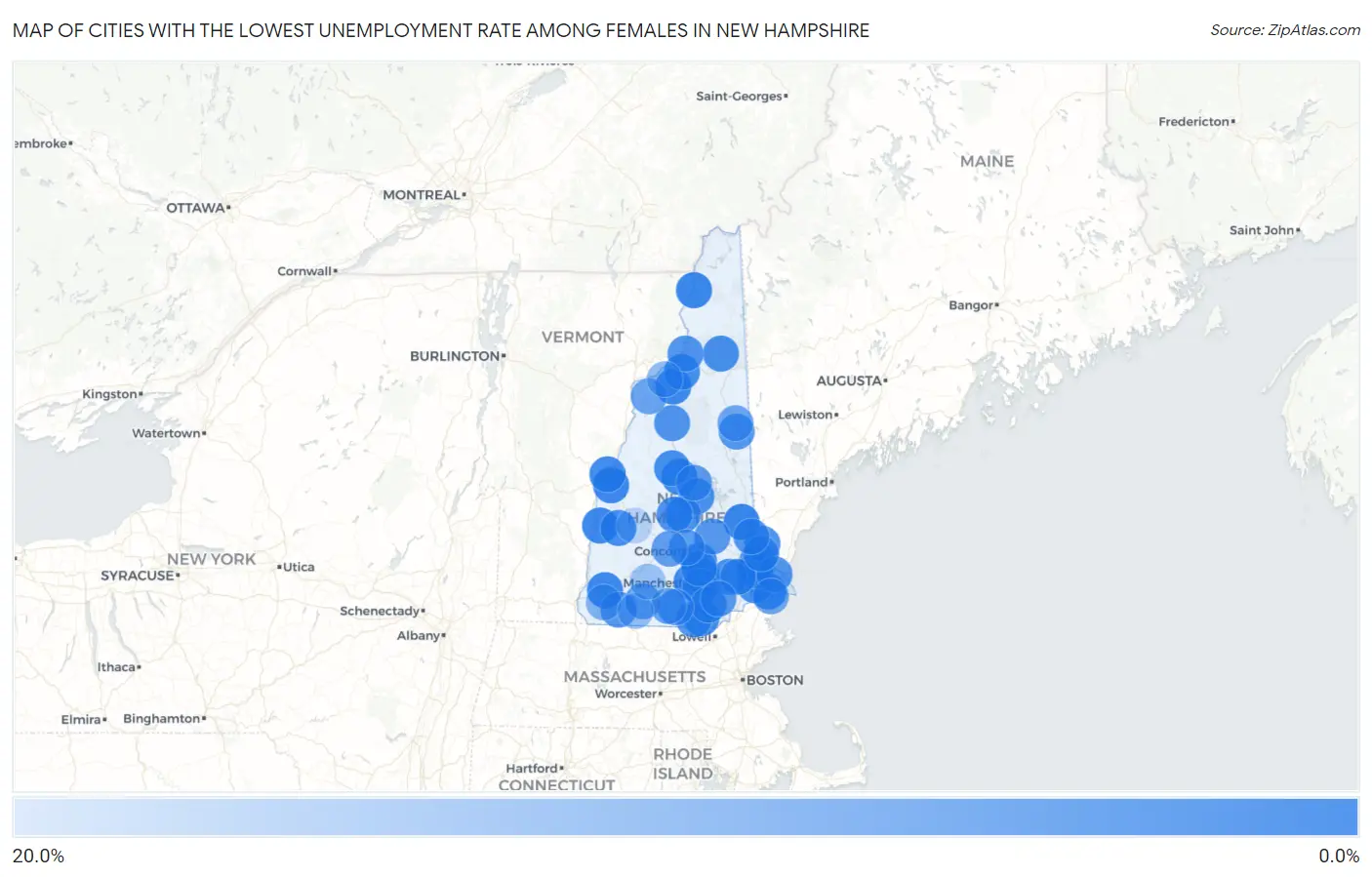 Cities with the Lowest Unemployment Rate Among Females in New Hampshire Map