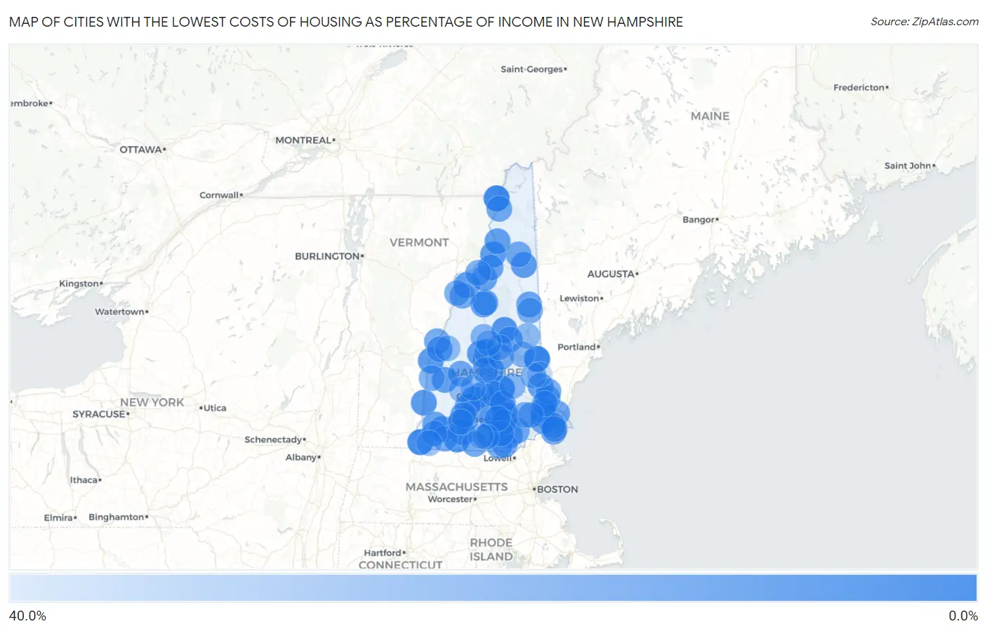 Cities with the Lowest Costs of Housing as Percentage of Income in New Hampshire Map