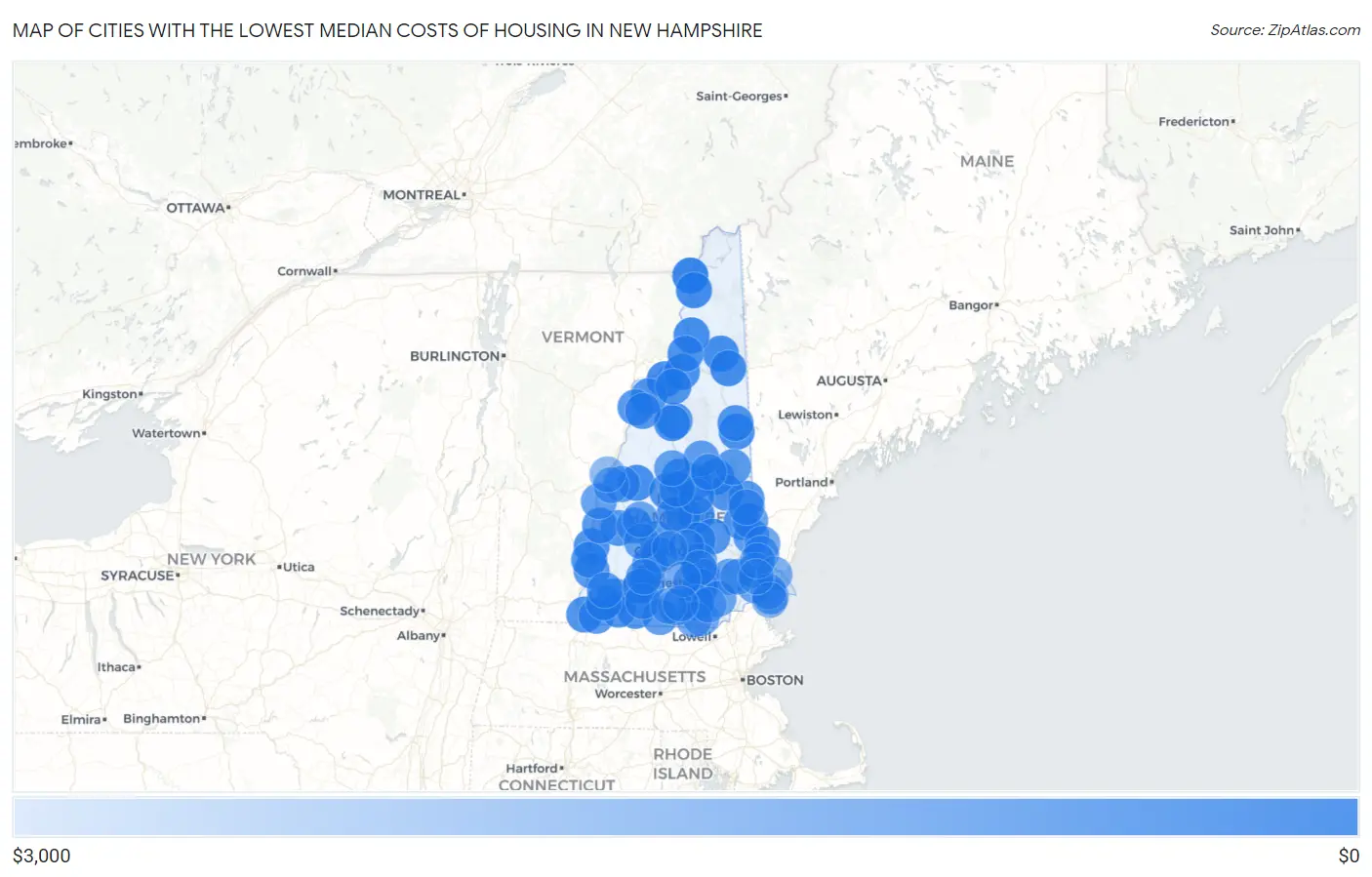 Cities with the Lowest Median Costs of Housing in New Hampshire Map
