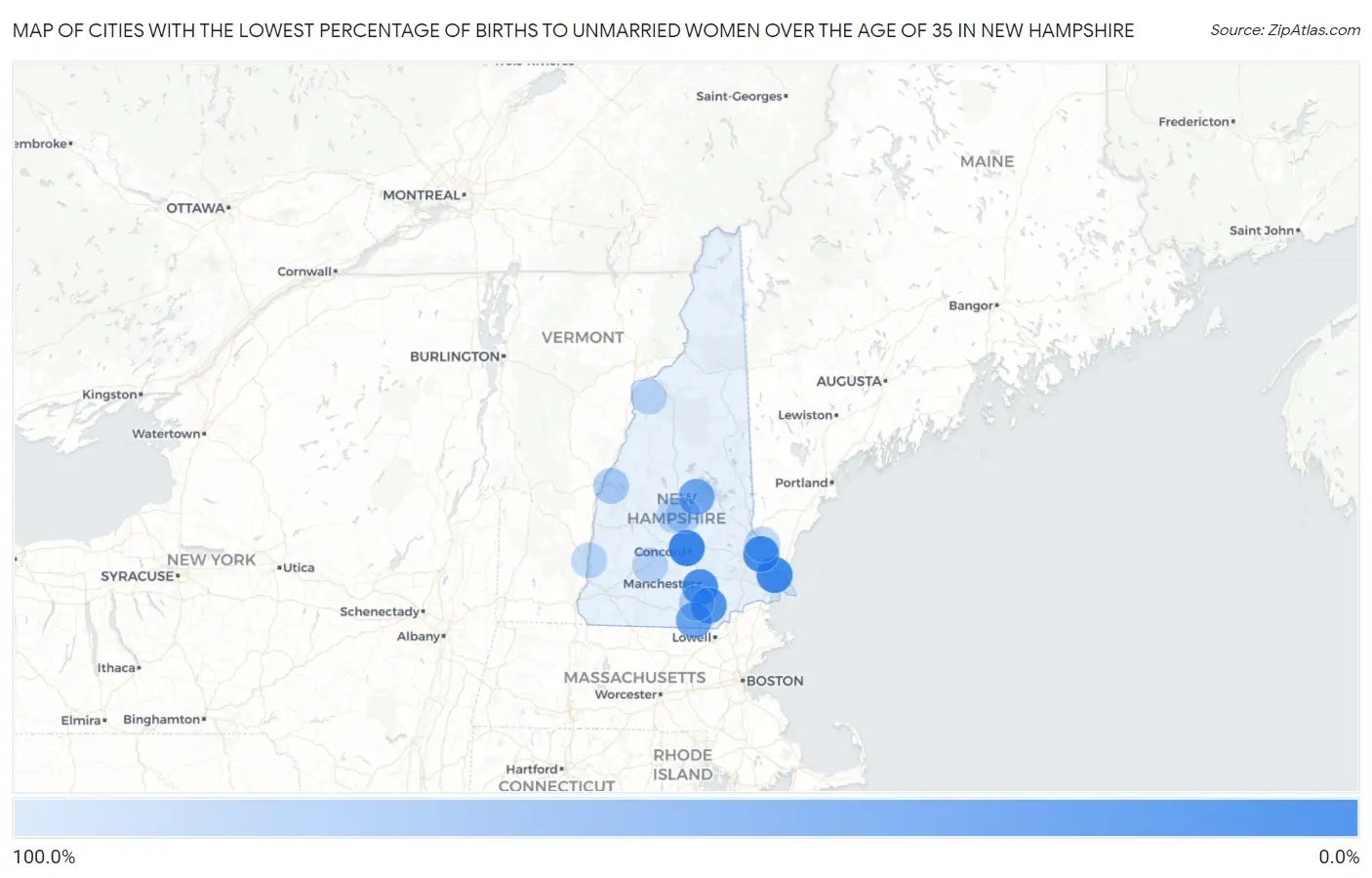 Cities with the Lowest Percentage of Births to Unmarried Women over the Age of 35 in New Hampshire Map