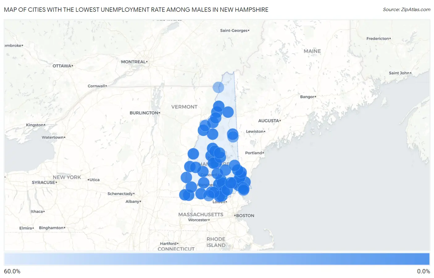 Cities with the Lowest Unemployment Rate Among Males in New Hampshire Map