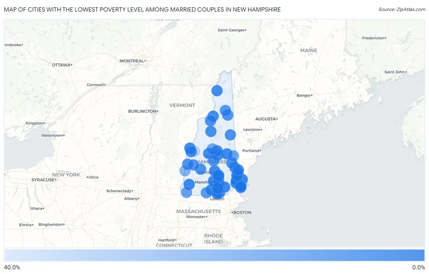 Cities with the Lowest Poverty Level Among Married Couples in New Hampshire Map