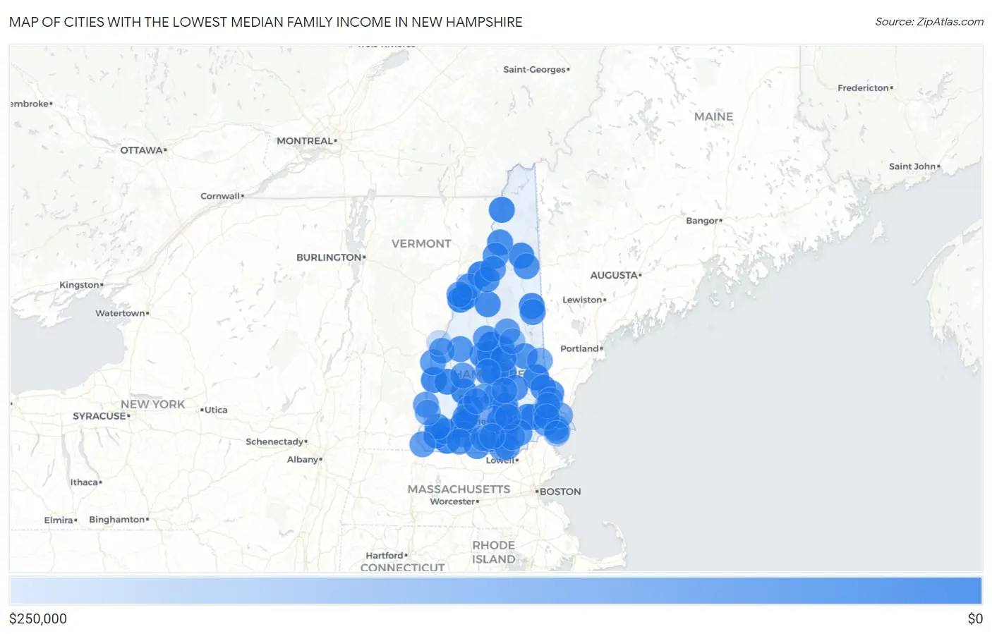 Cities with the Lowest Median Family Income in New Hampshire Map