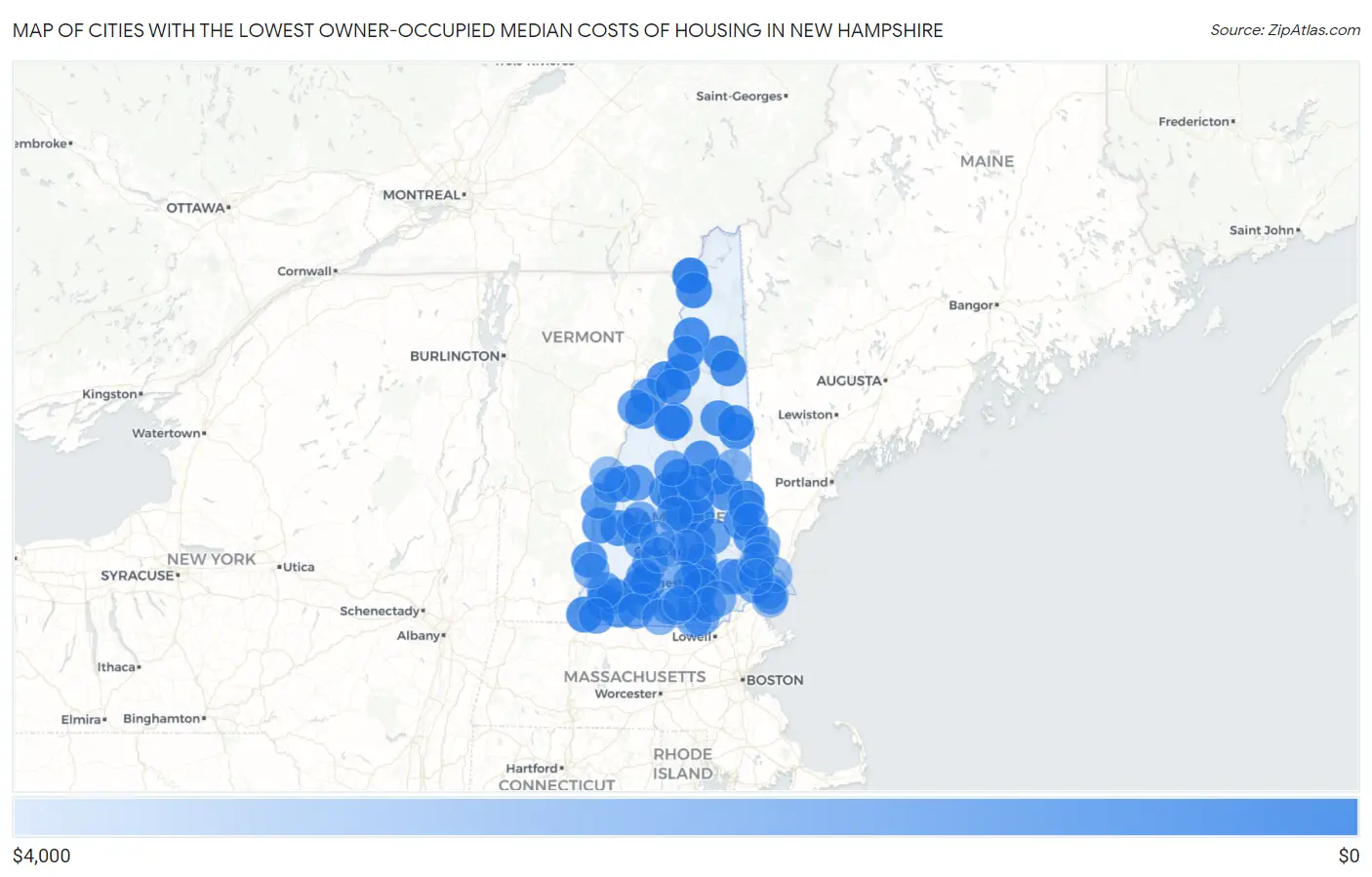 Cities with the Lowest Owner-Occupied Median Costs of Housing in New Hampshire Map