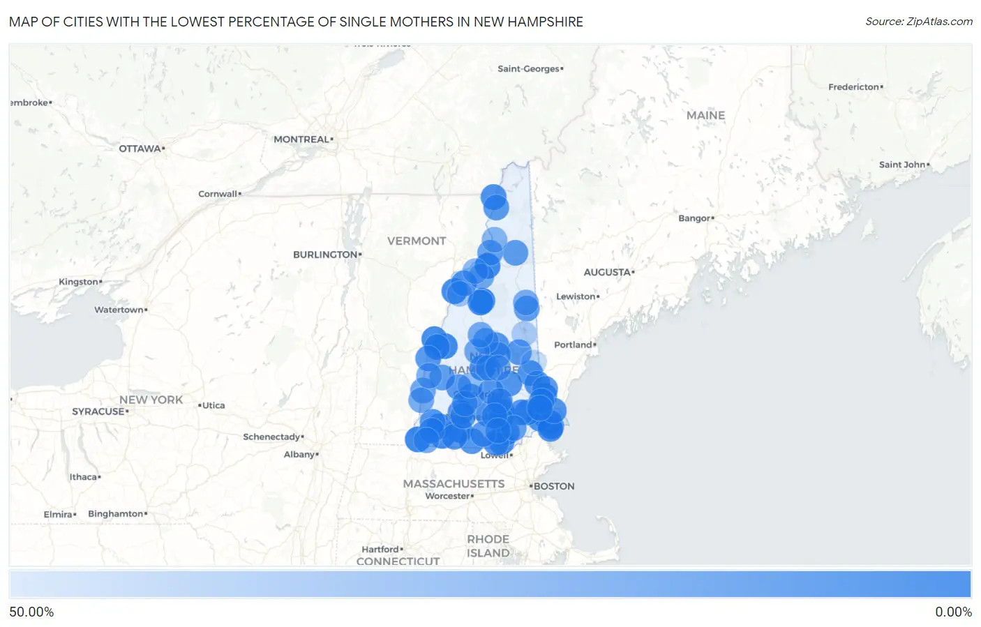 Cities with the Lowest Percentage of Single Mothers in New Hampshire Map