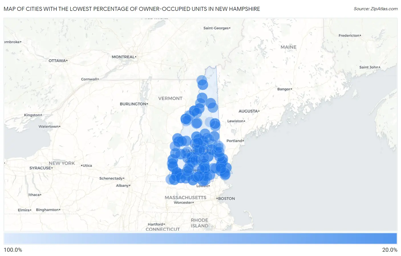 Cities with the Lowest Percentage of Owner-Occupied Units in New Hampshire Map