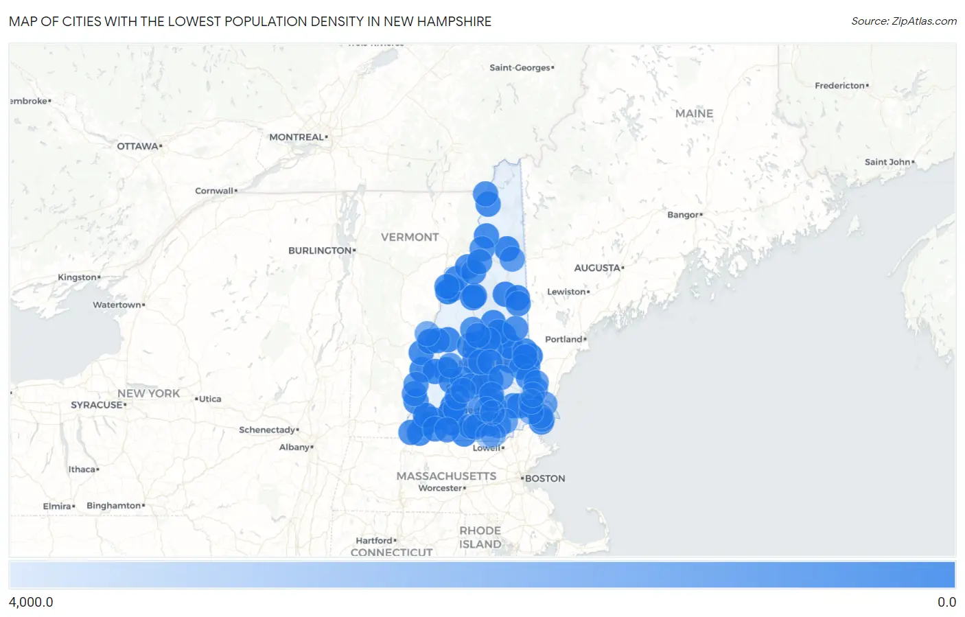 Cities with the Lowest Population Density in New Hampshire Map