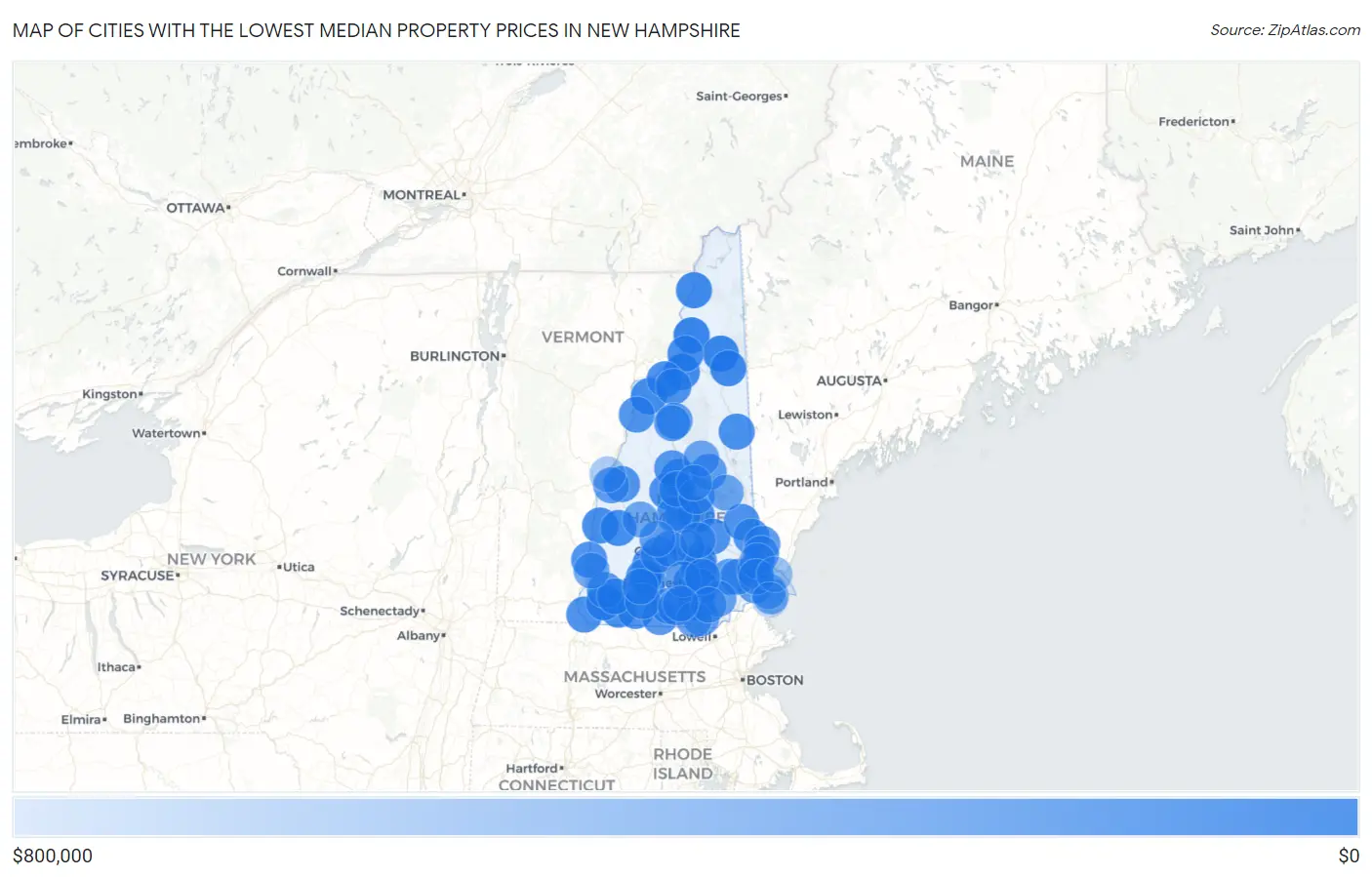 Cities with the Lowest Median Property Prices in New Hampshire Map