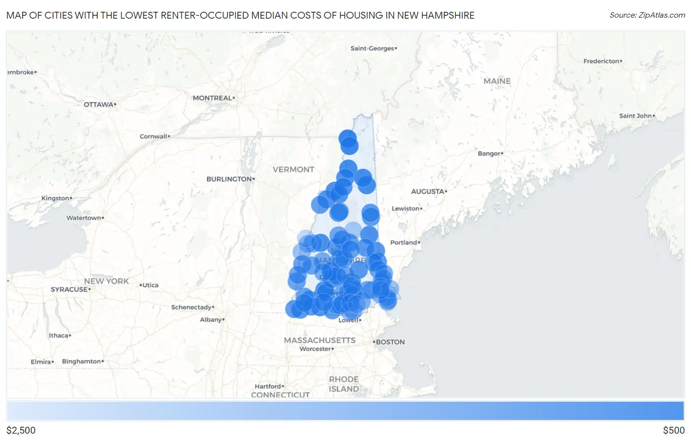 Cities with the Lowest Renter-Occupied Median Costs of Housing in New Hampshire Map