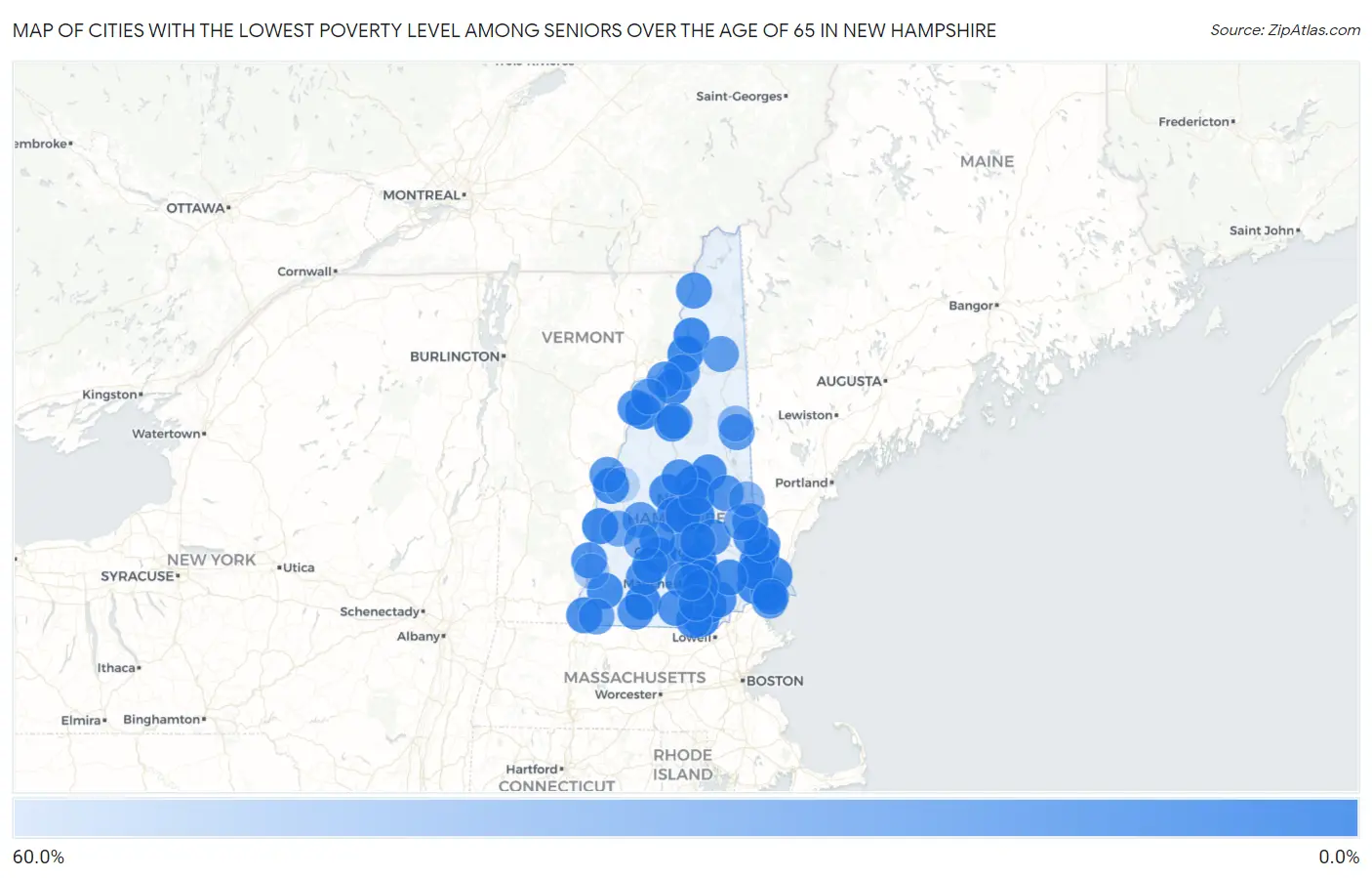 Cities with the Lowest Poverty Level Among Seniors Over the Age of 65 in New Hampshire Map