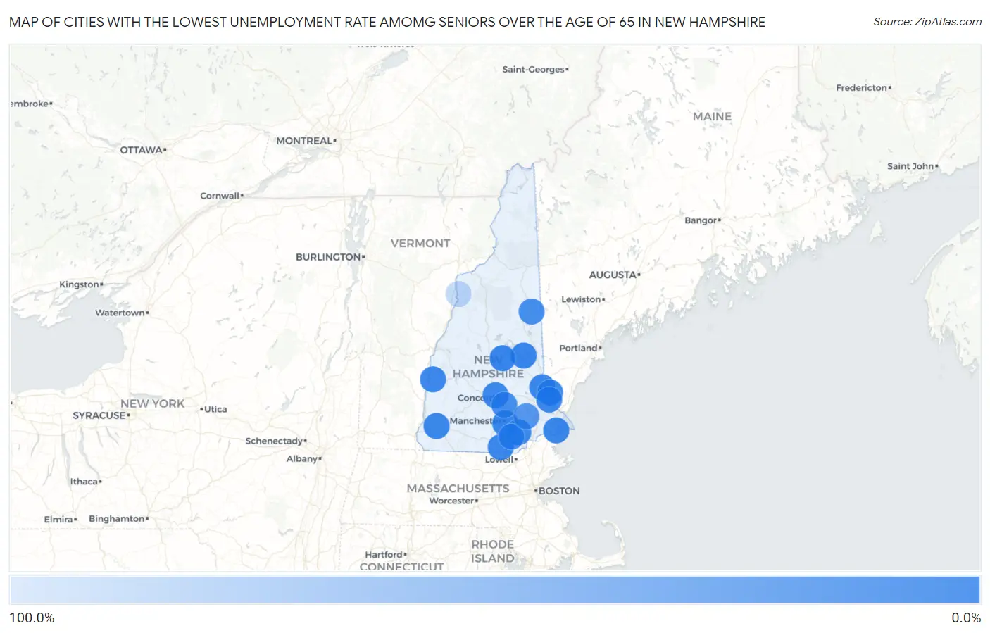 Cities with the Lowest Unemployment Rate Amomg Seniors Over the Age of 65 in New Hampshire Map