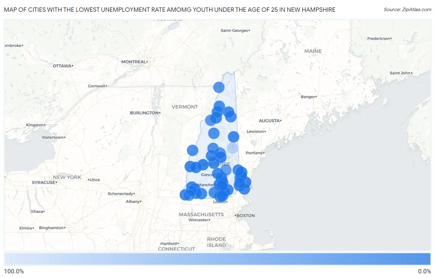 Cities with the Lowest Unemployment Rate Amomg Youth Under the Age of 25 in New Hampshire Map