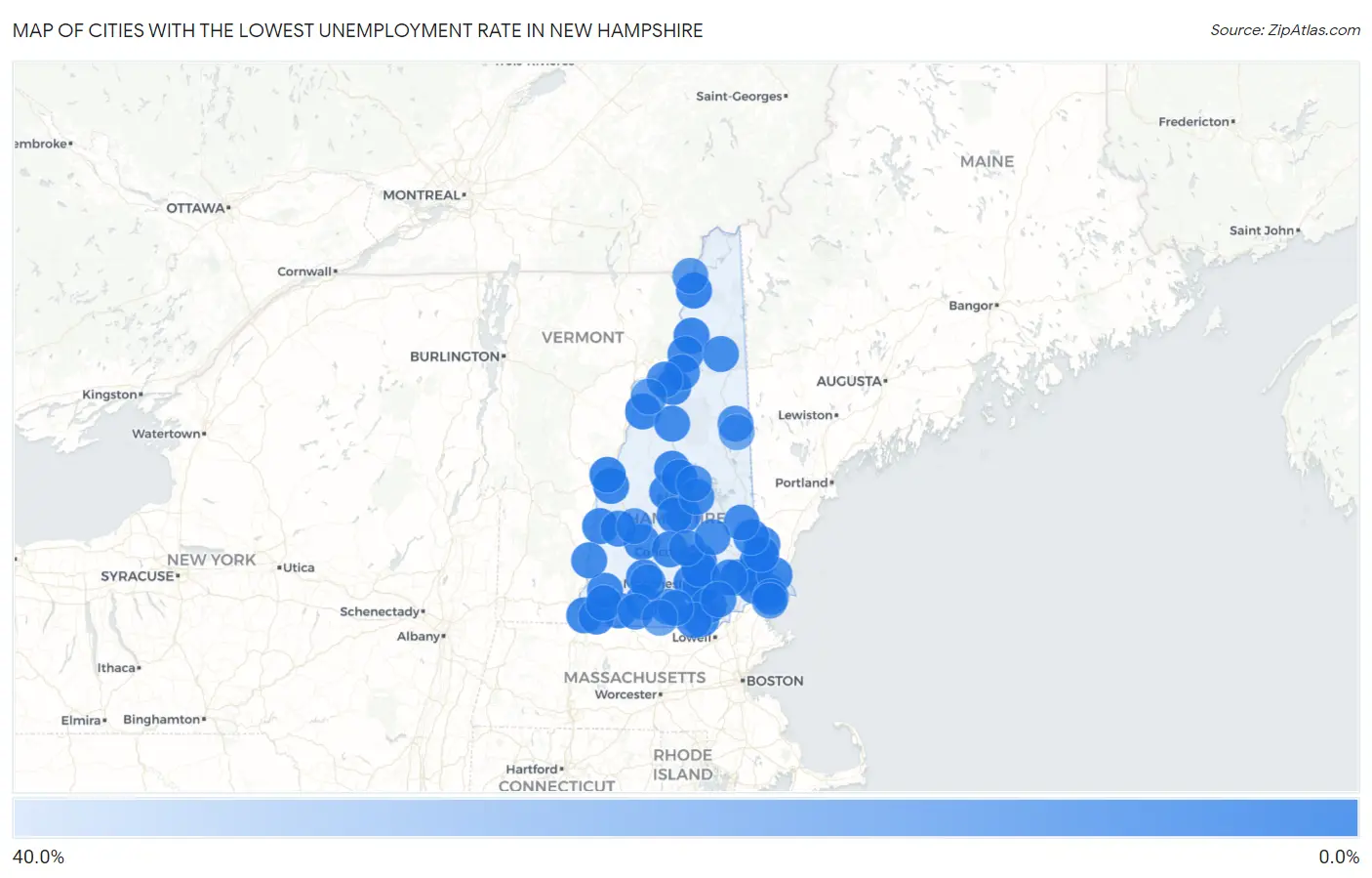 Cities with the Lowest Unemployment Rate in New Hampshire Map