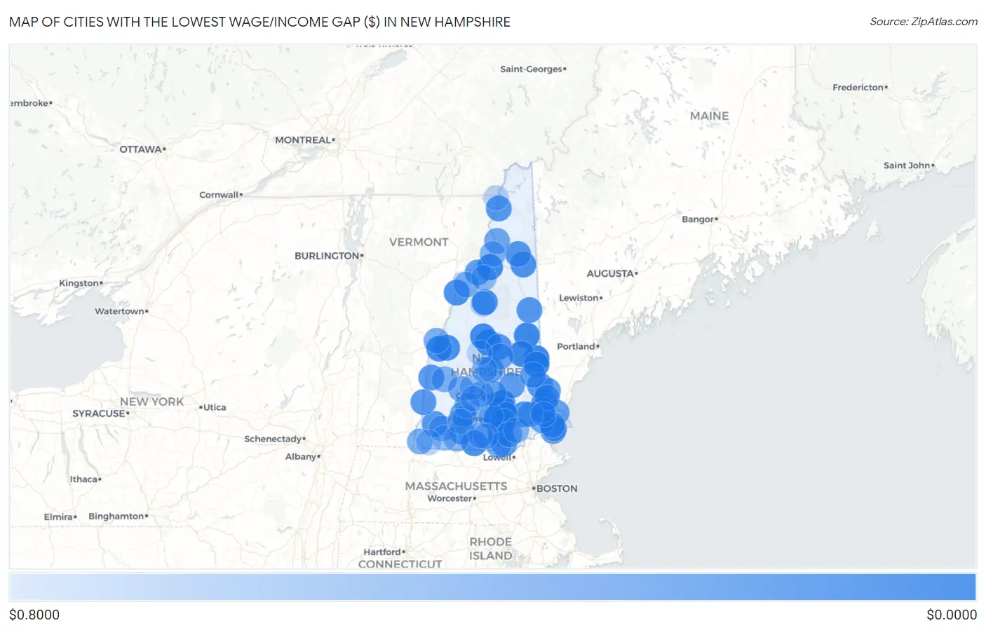 Cities with the Lowest Wage/Income Gap ($) in New Hampshire Map