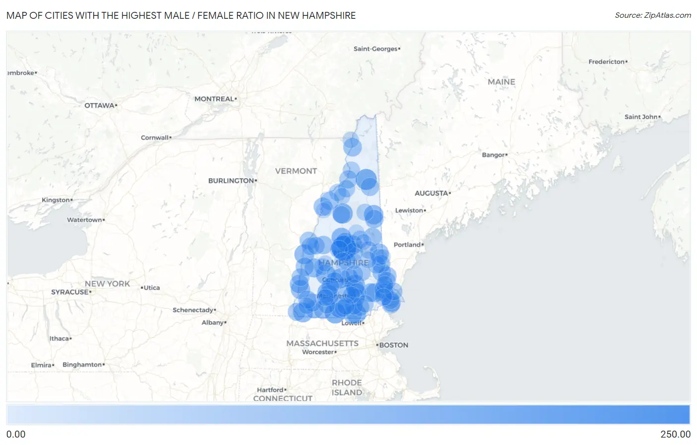 Cities with the Highest Male / Female Ratio in New Hampshire Map