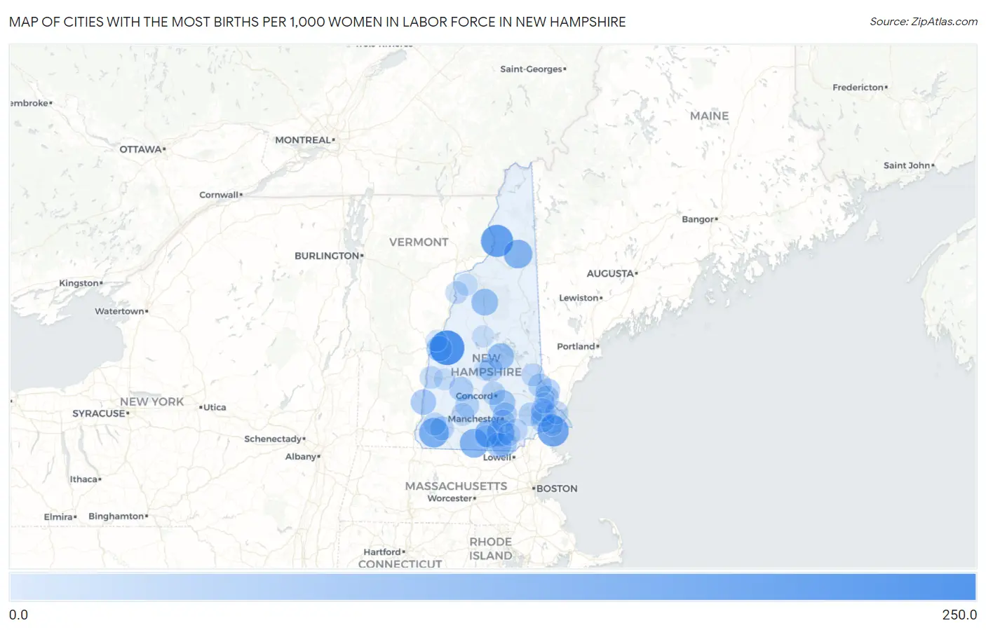 Cities with the Most Births per 1,000 Women in Labor Force in New Hampshire Map