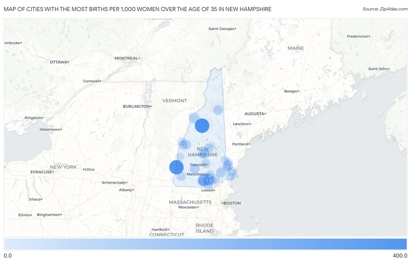 Cities with the Most Births per 1,000 Women Over the Age of 35 in New Hampshire Map