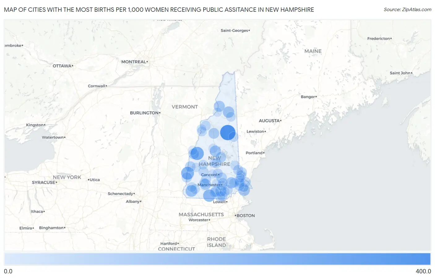 Cities with the Most Births per 1,000 Women Receiving Public Assitance in New Hampshire Map