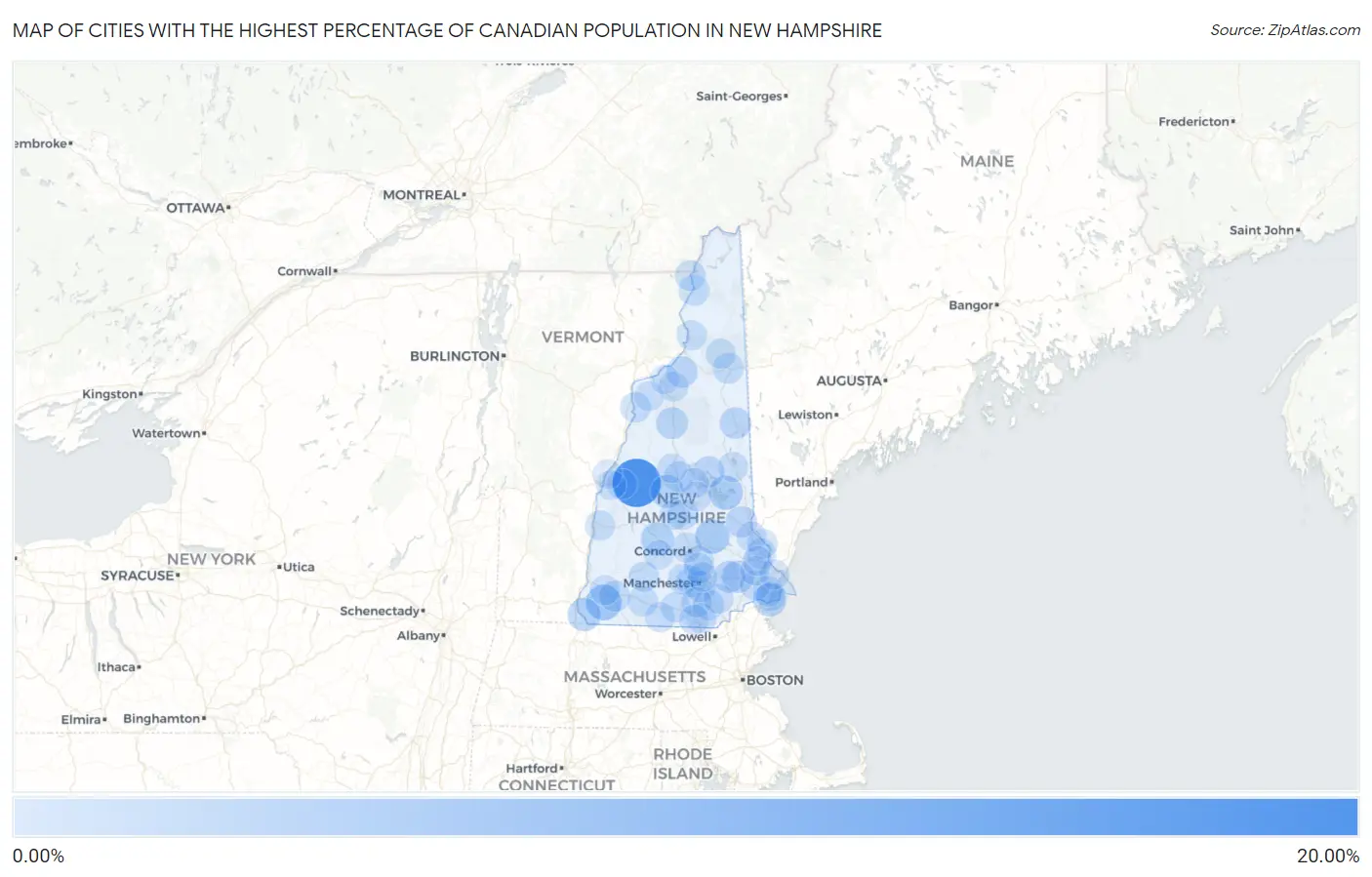 Cities with the Highest Percentage of Canadian Population in New Hampshire Map