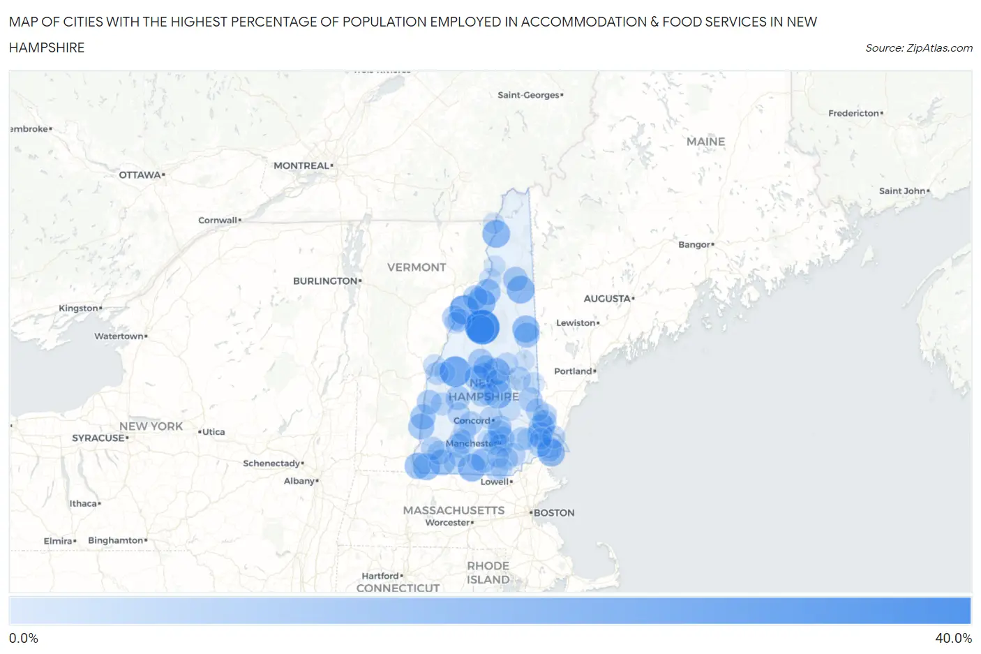 Cities with the Highest Percentage of Population Employed in Accommodation & Food Services in New Hampshire Map