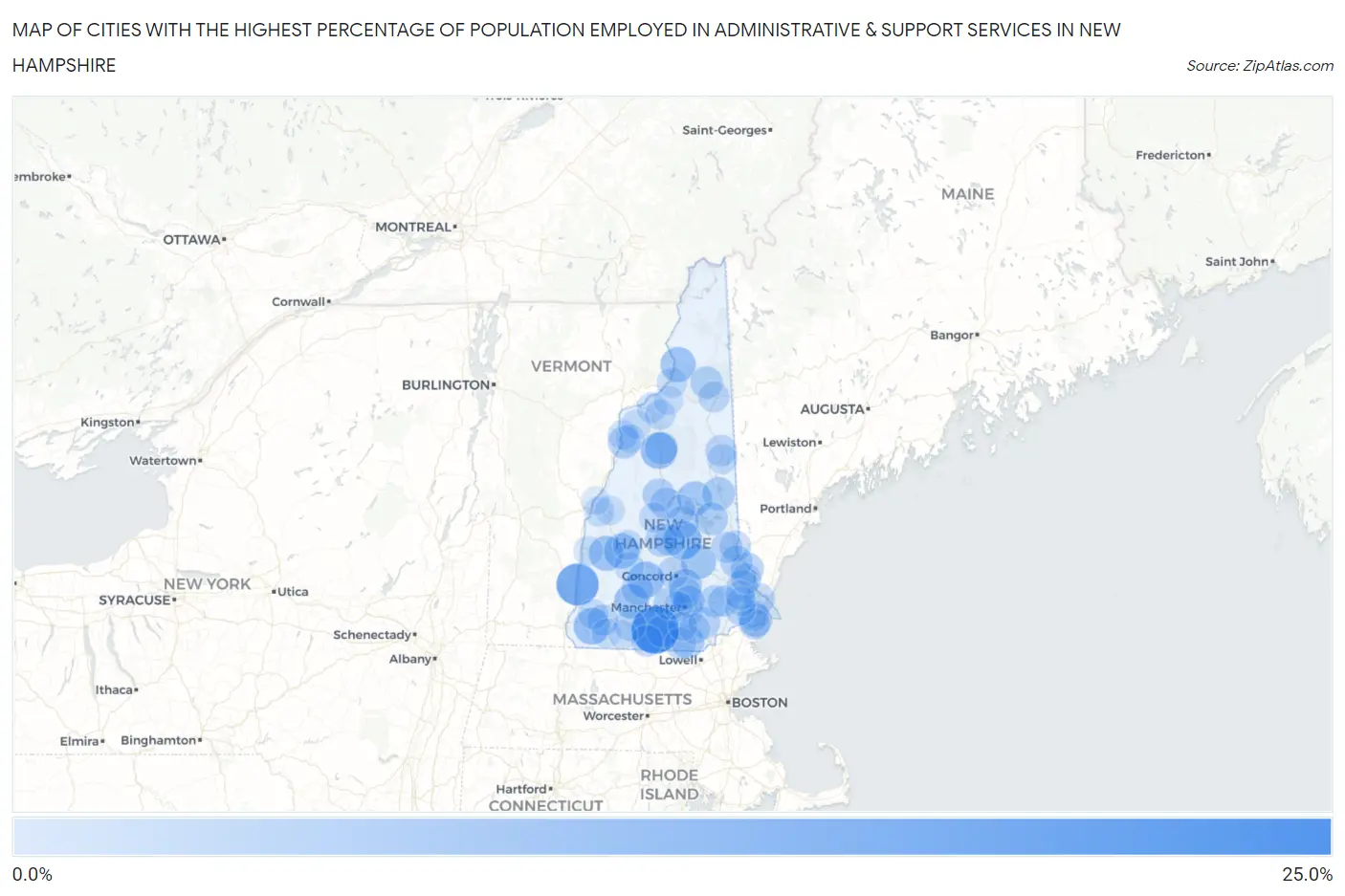 Cities with the Highest Percentage of Population Employed in Administrative & Support Services in New Hampshire Map