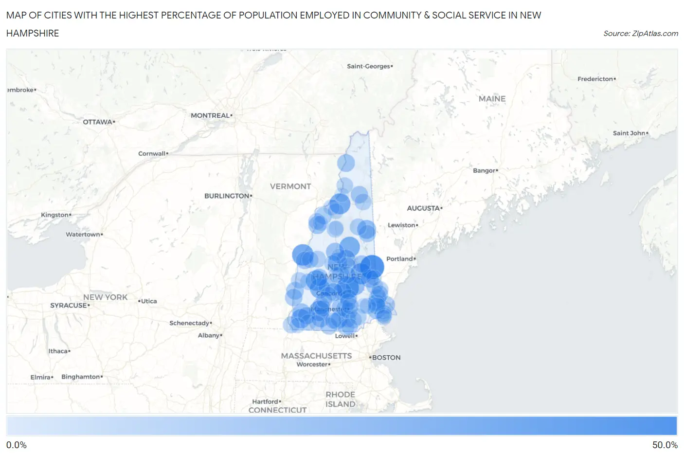 Cities with the Highest Percentage of Population Employed in Community & Social Service  in New Hampshire Map