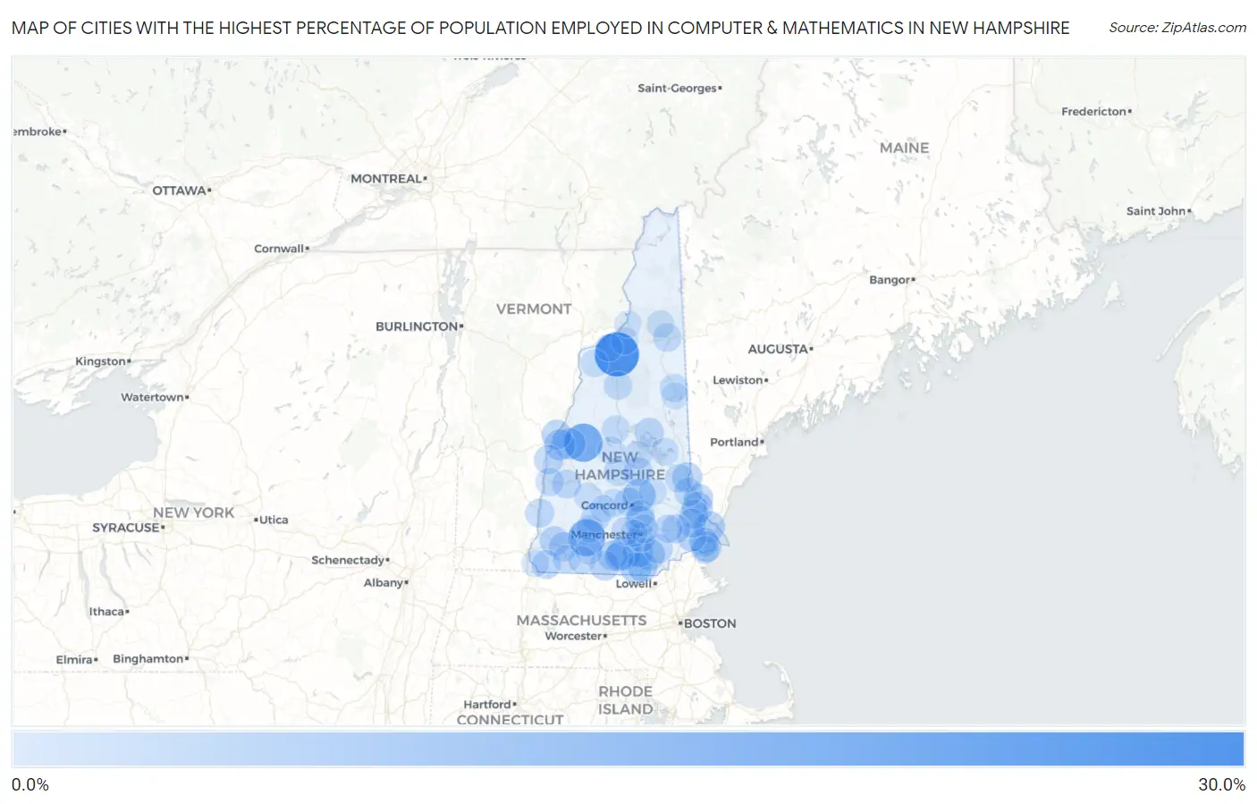Cities with the Highest Percentage of Population Employed in Computer & Mathematics in New Hampshire Map