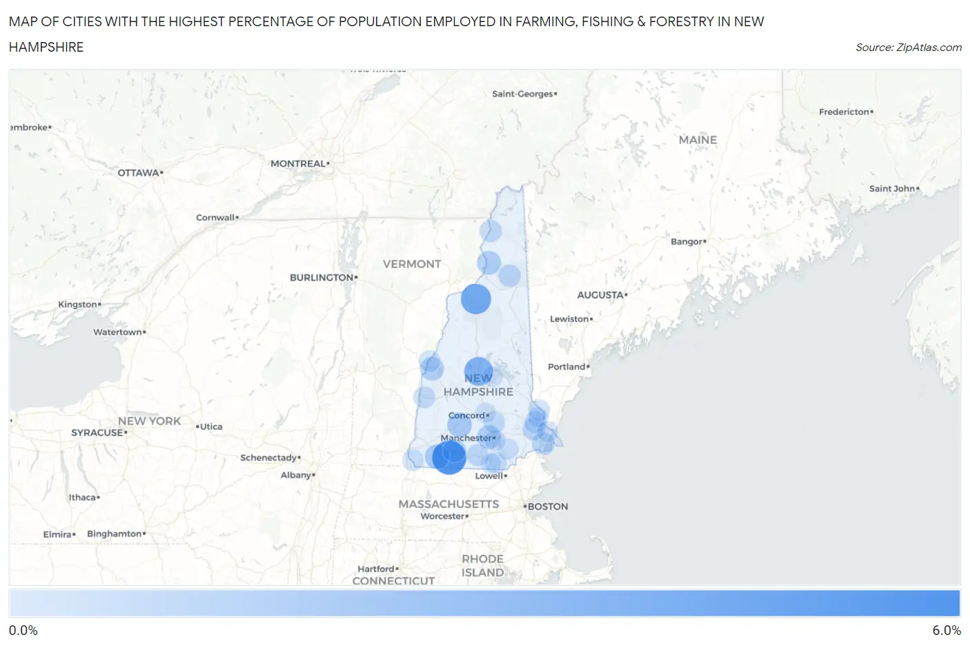 Cities with the Highest Percentage of Population Employed in Farming, Fishing & Forestry in New Hampshire Map