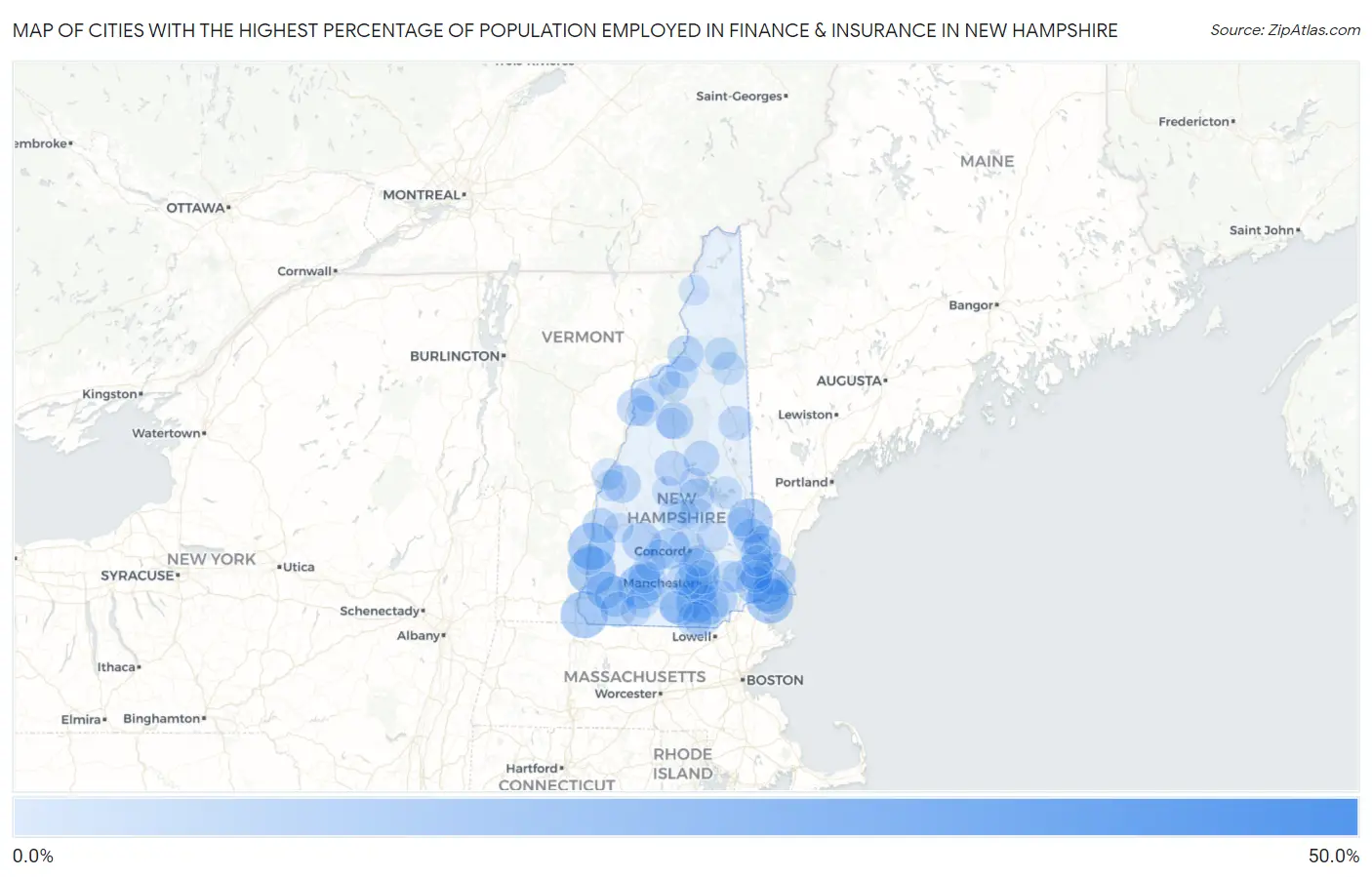 Cities with the Highest Percentage of Population Employed in Finance & Insurance in New Hampshire Map