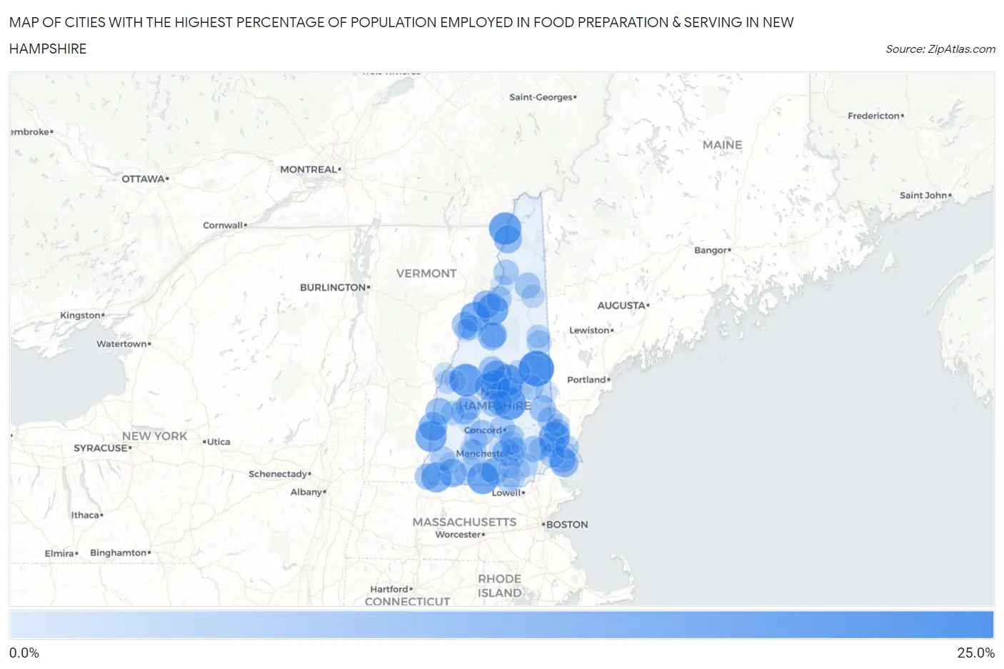 Cities with the Highest Percentage of Population Employed in Food Preparation & Serving in New Hampshire Map