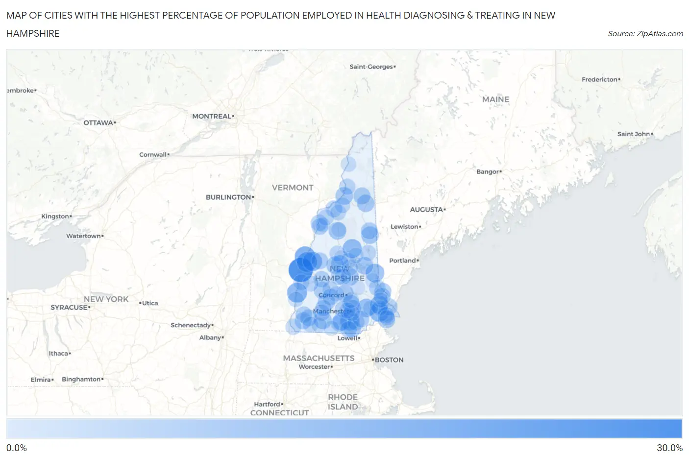 Cities with the Highest Percentage of Population Employed in Health Diagnosing & Treating in New Hampshire Map