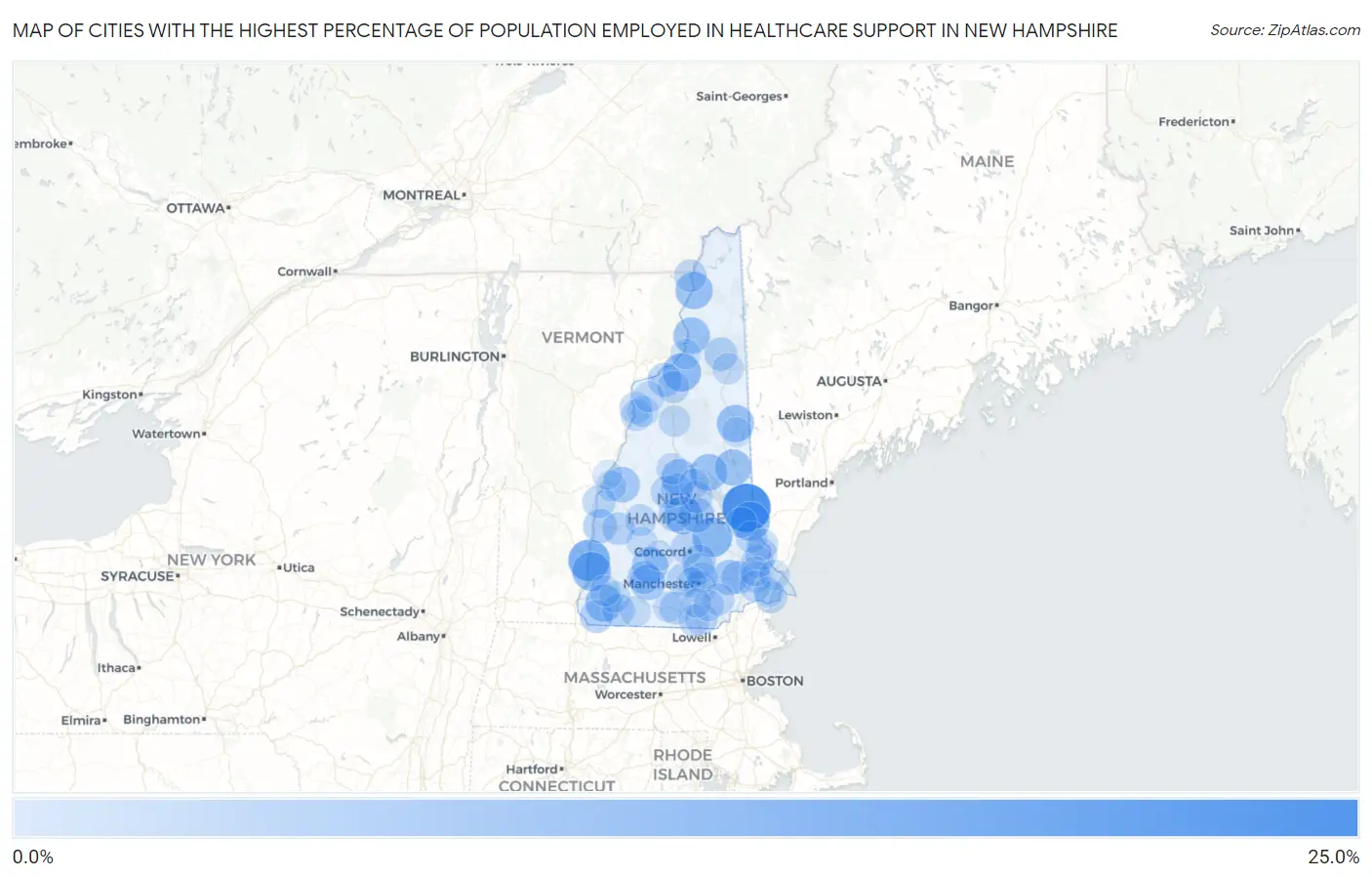 Cities with the Highest Percentage of Population Employed in Healthcare Support in New Hampshire Map