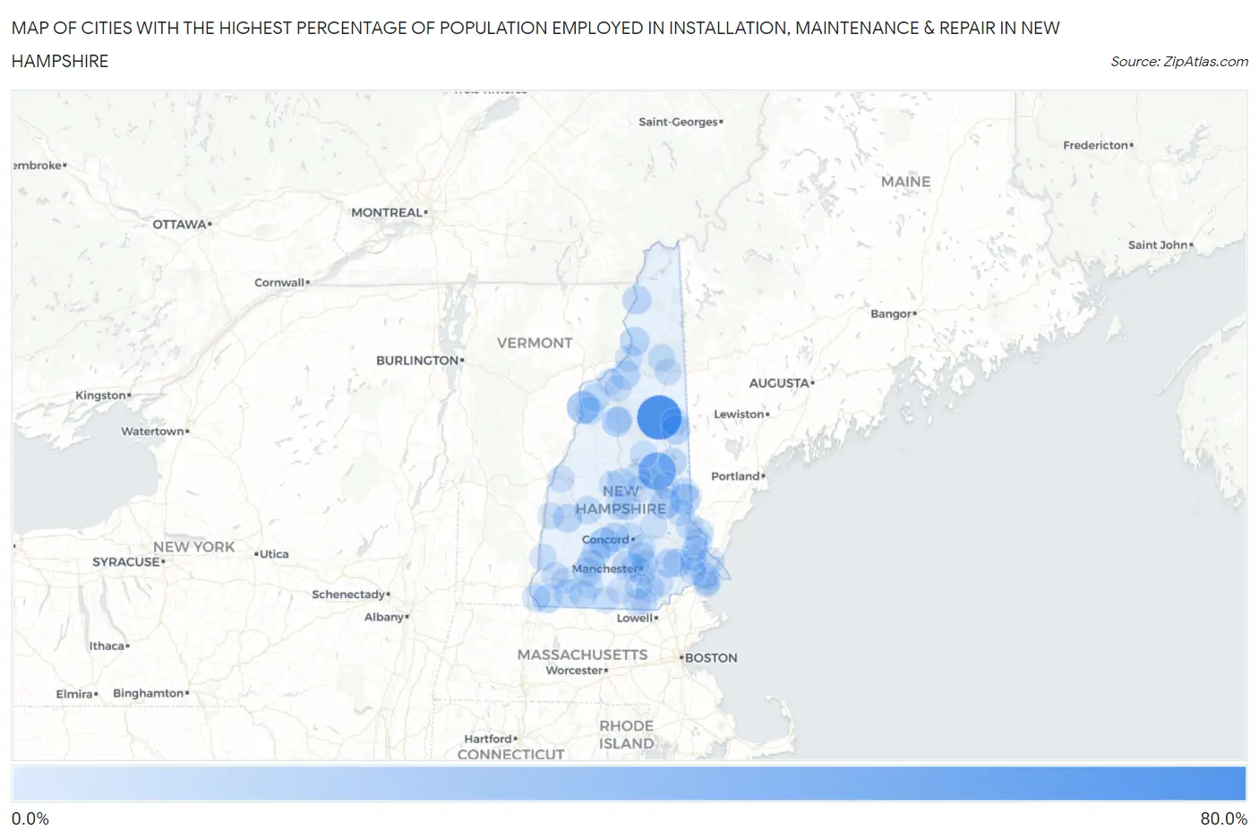 Cities with the Highest Percentage of Population Employed in Installation, Maintenance & Repair in New Hampshire Map
