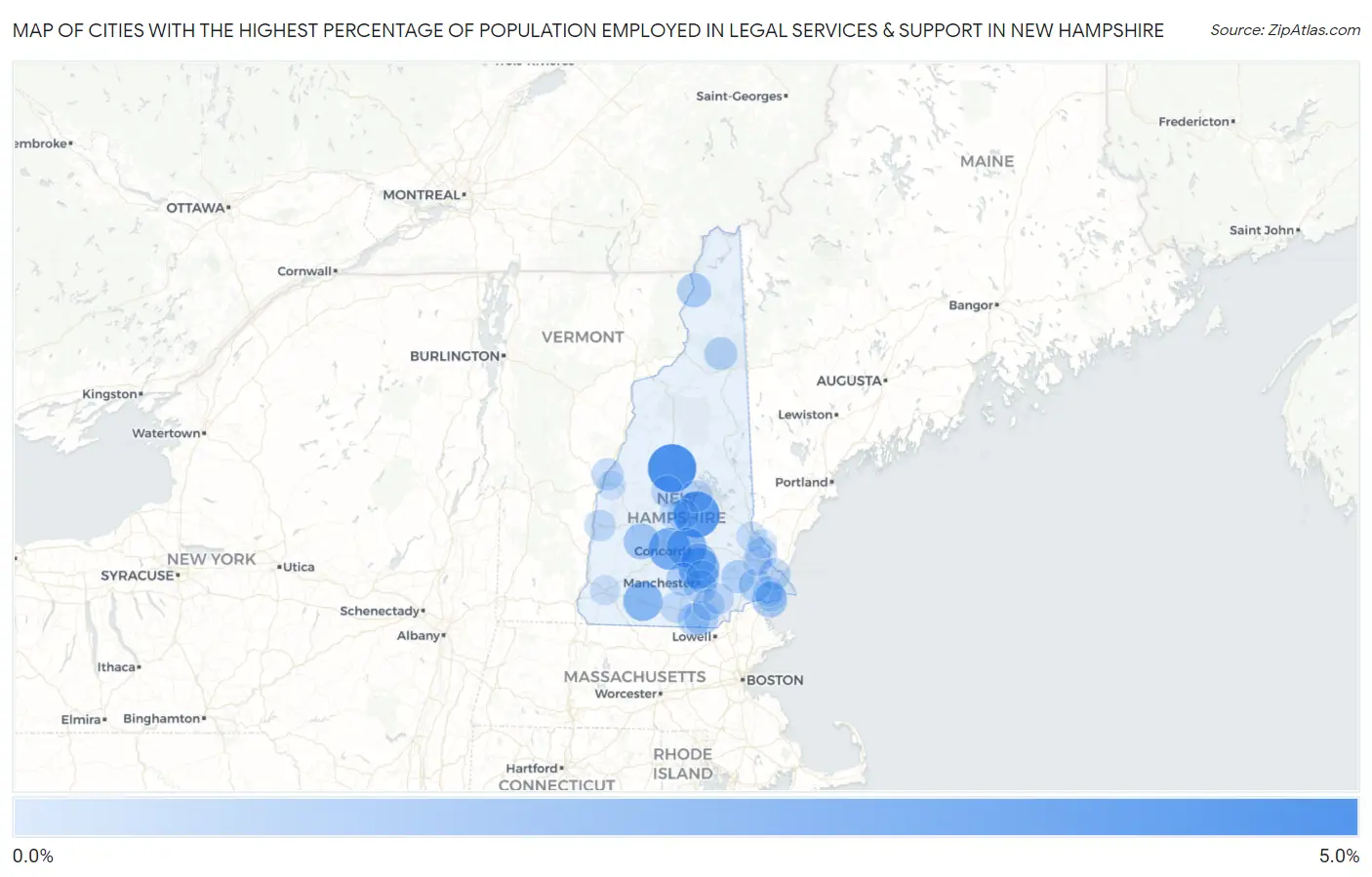 Cities with the Highest Percentage of Population Employed in Legal Services & Support in New Hampshire Map