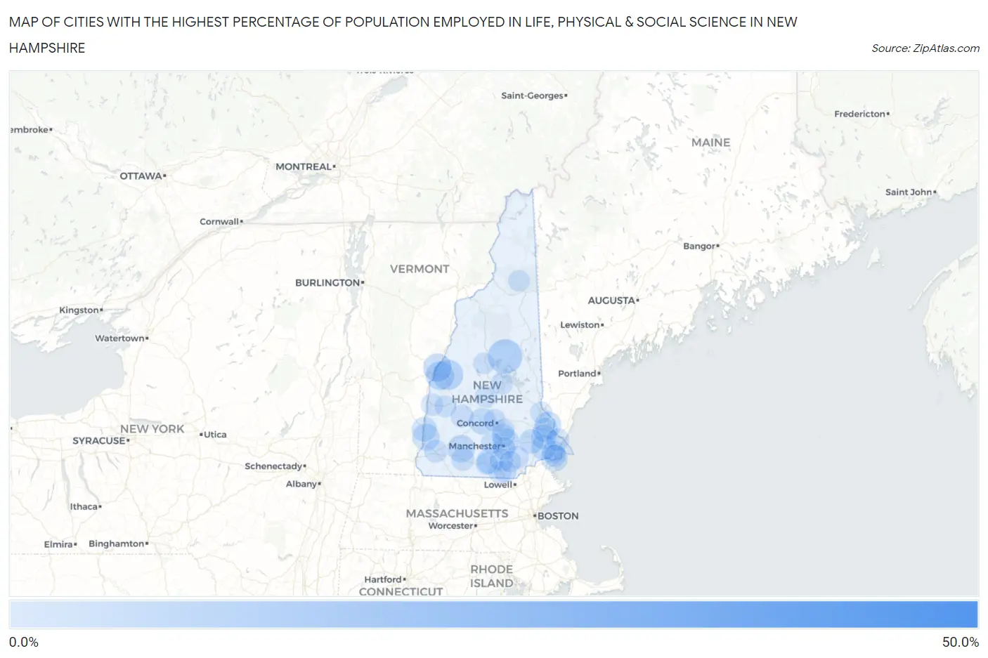Cities with the Highest Percentage of Population Employed in Life, Physical & Social Science in New Hampshire Map